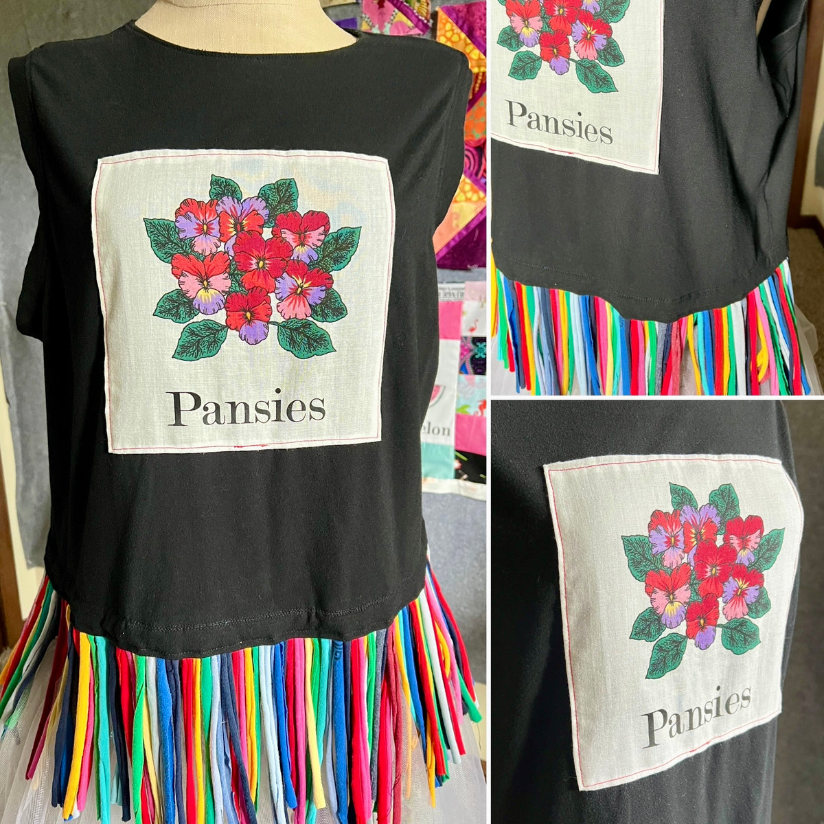 Black sleeveless top with a large square floral patch reading 'Pansies' on the front and bright multicolored fringe around the hem, shown in a collage of close-up views on a mannequin.