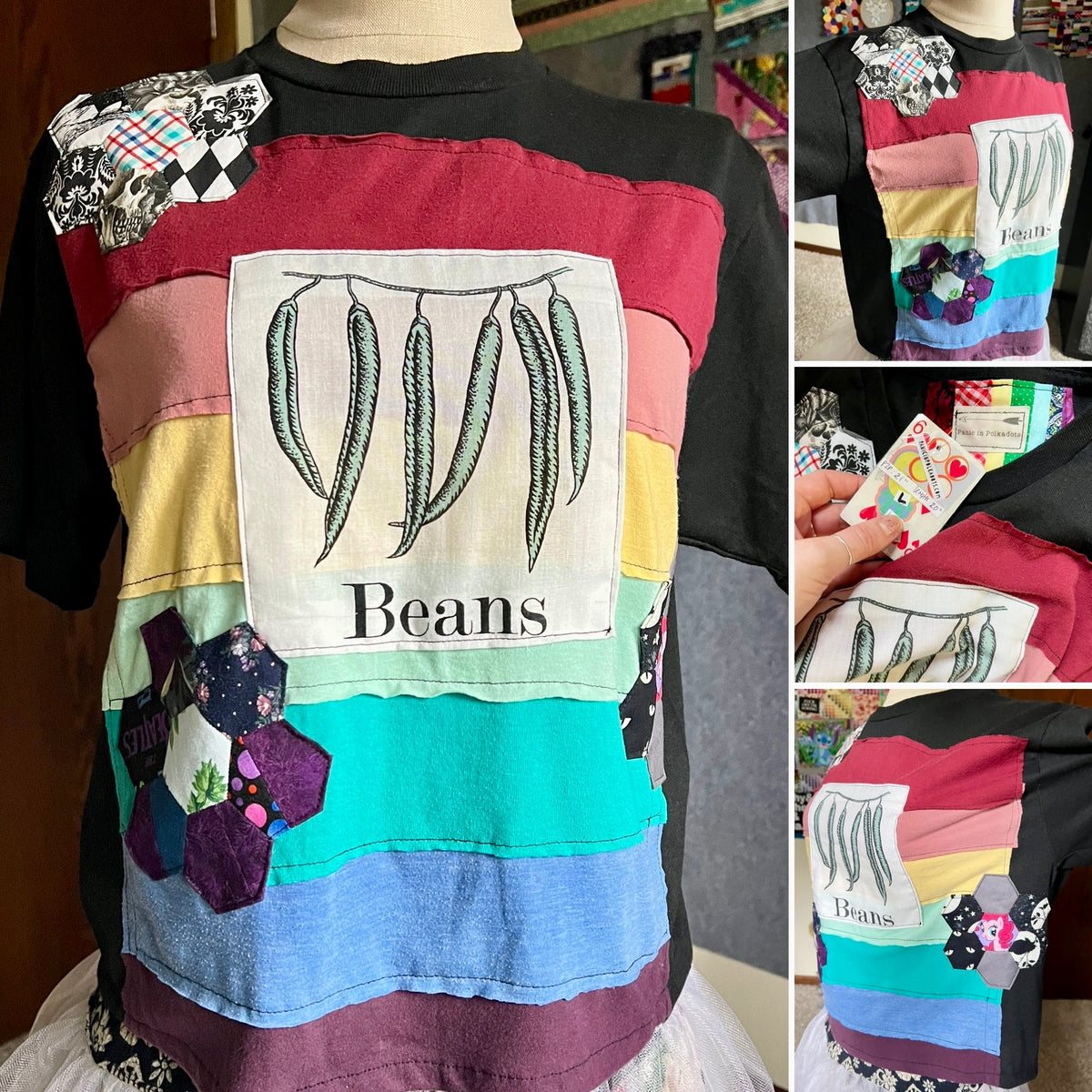 A patchwork-style short-sleeve T-shirt displayed on a mannequin, with a black base and layered colorful fabric panels including red, pink, yellow, teal, blue, and purple. A large square patch on the front shows green bean illustrations above the word 'Beans.