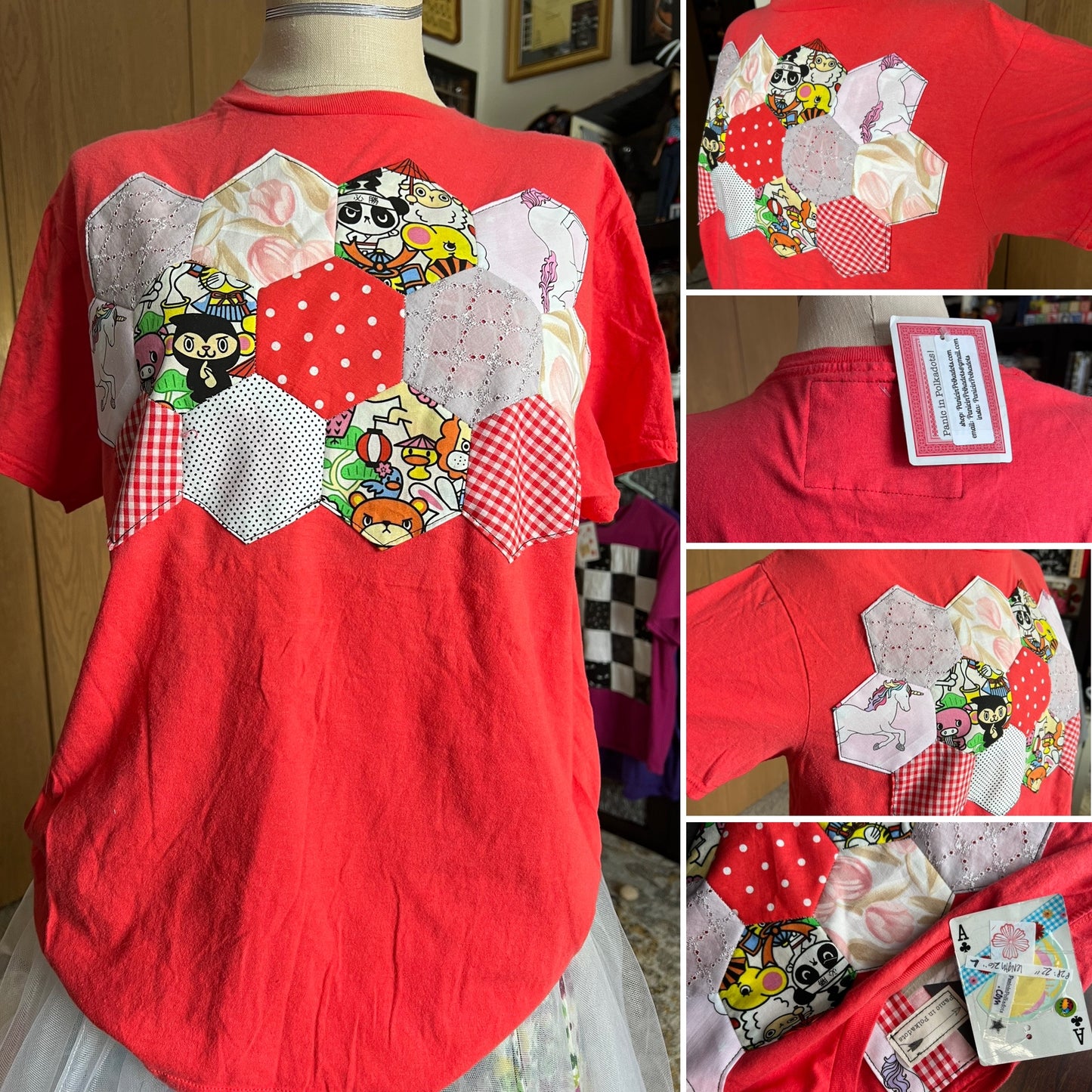 Red t-shirt with colorful patchwork design on a mannequin, surrounded by close-up shots.