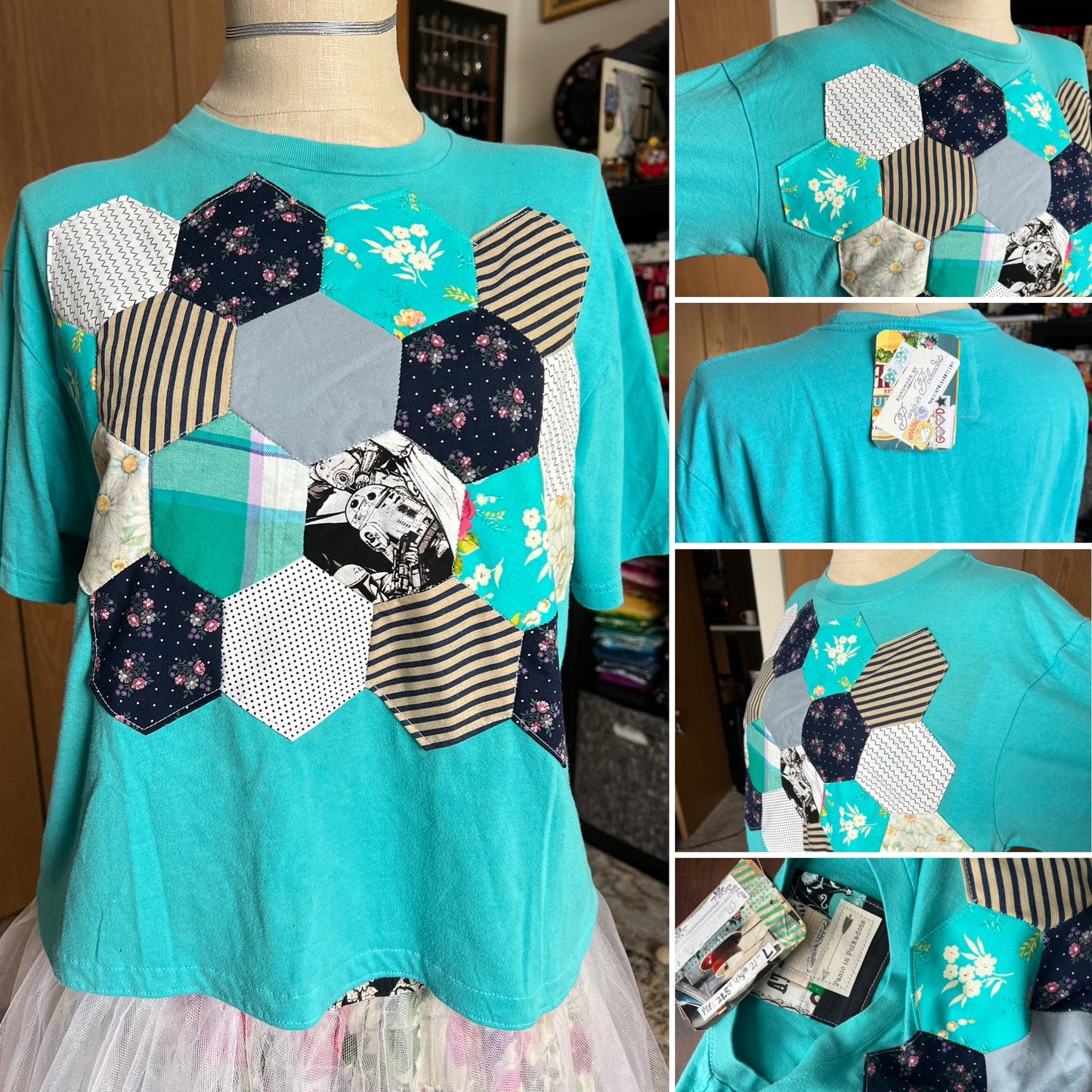 Turquoise t-shirt with geometric patchwork design on a mannequin.