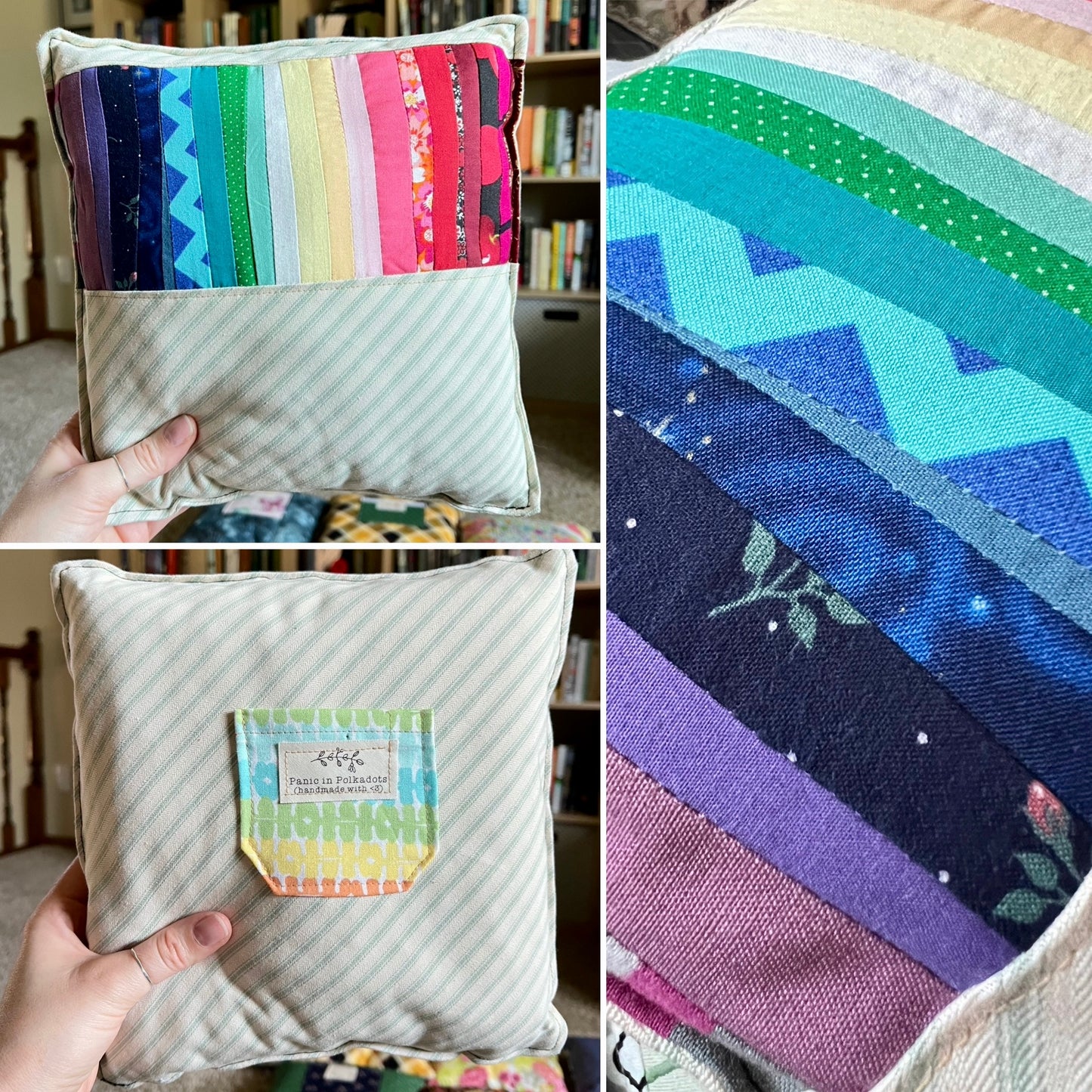 A handmade quilted throw pillow with a striped multicolor fabric top panel and a light beige striped fabric body, shown in a collage with close-up detail shots. A hand is visible holding the pillow in two of the panels.