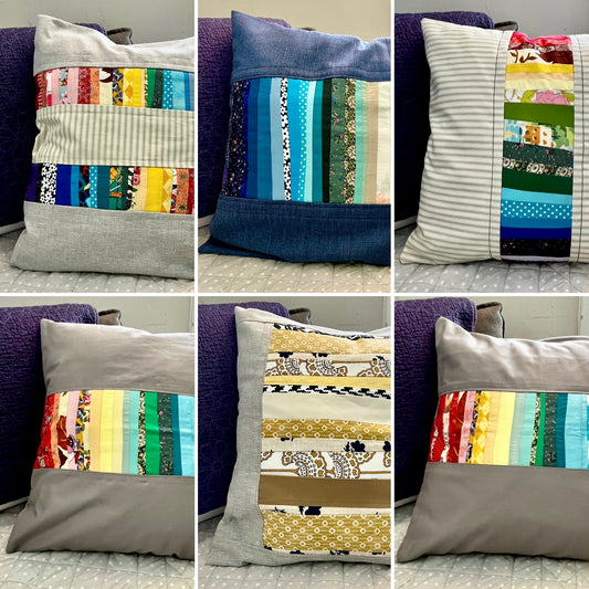 Rainbow stripes pillow covers photo grid, showing closeups of various styles
