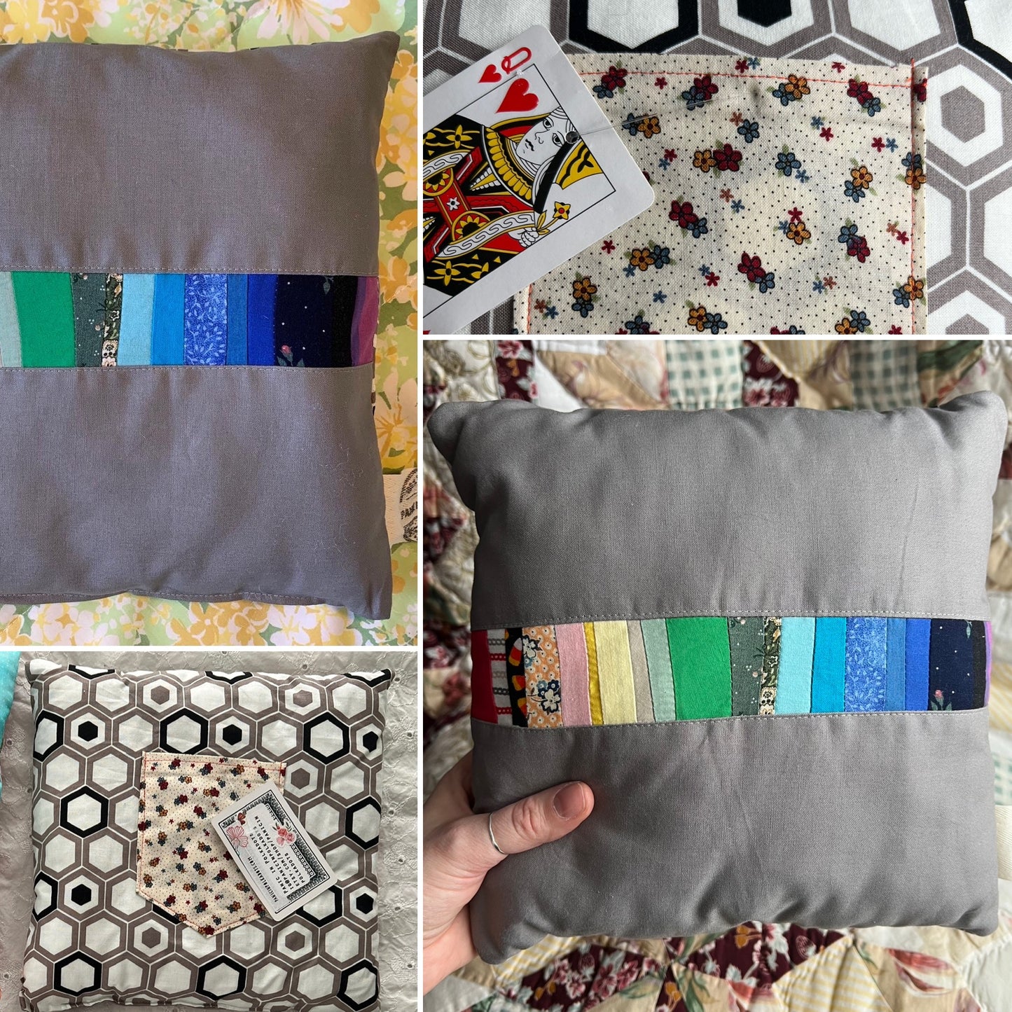 Collage of a gray pillow with colorful patchwork design, playing card, and patterned fabric.