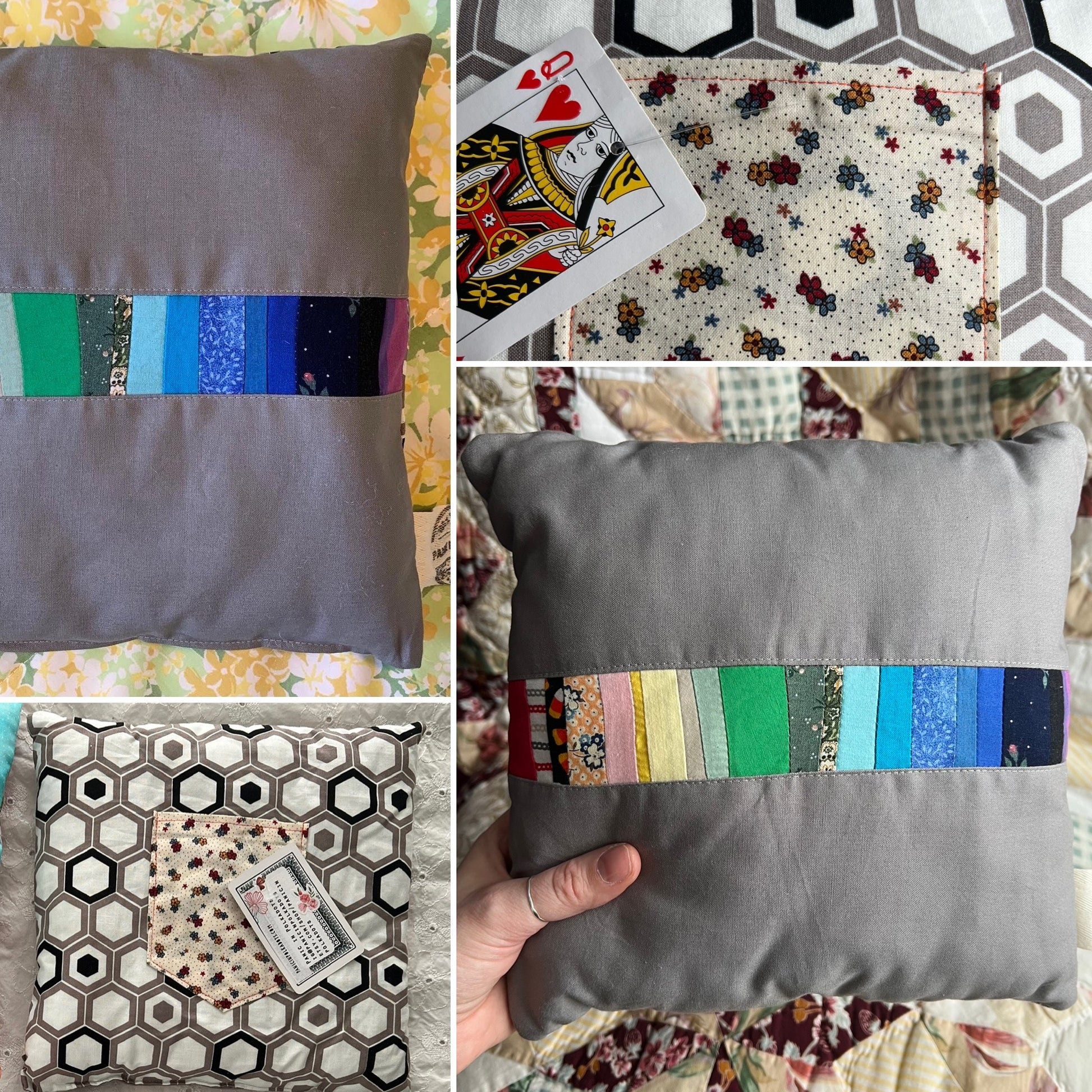 Collage of a gray pillow with colorful patchwork design, playing card, and patterned fabric.