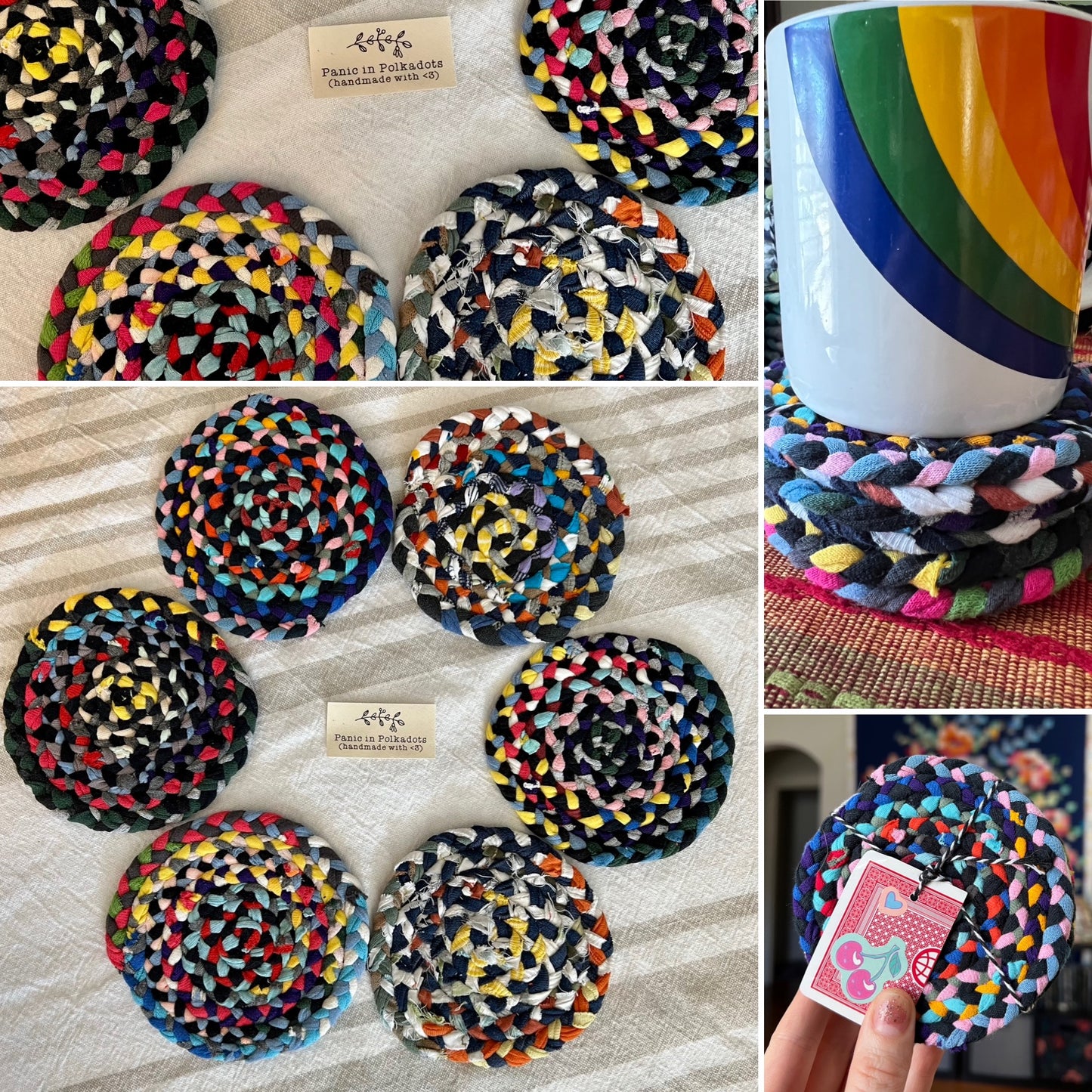 Hand braided and Handsewn coasters, set of six, in a photo grid which shows front, zoom detail back, under a mug, and held up for scale