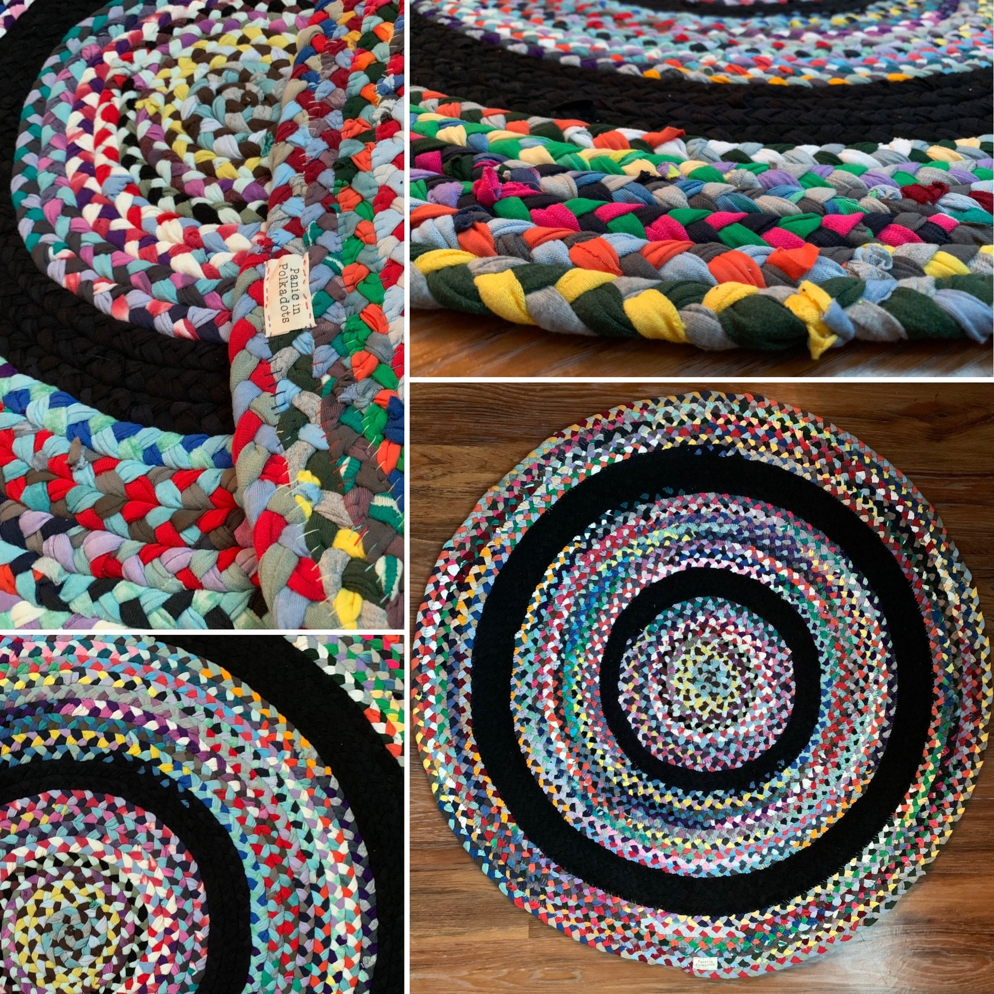 Random rainbow rug, photo grid showing front, closeup, rolled up, and Panic label