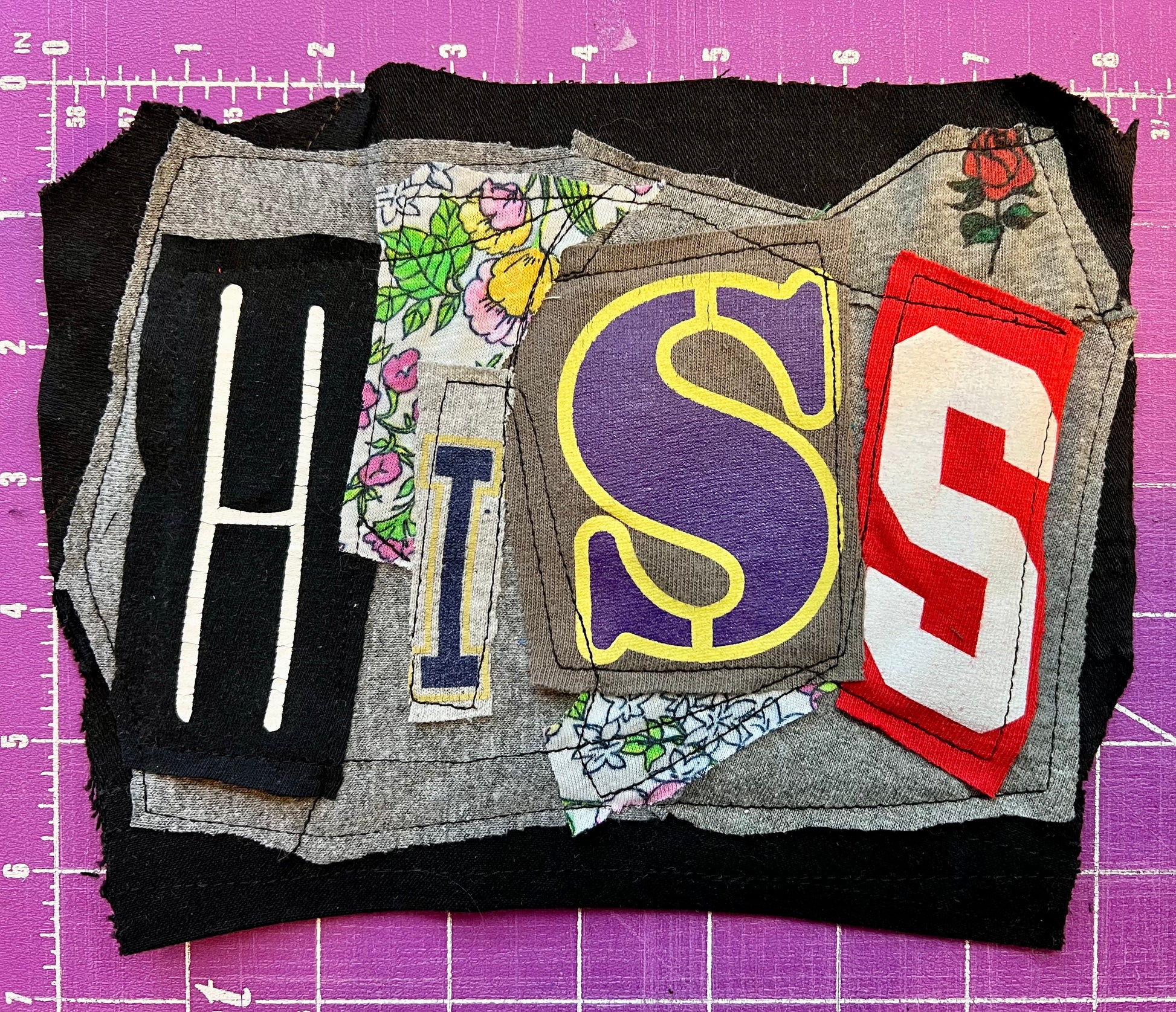 Fabric pieces with letters 'HISS' on a purple grid background
