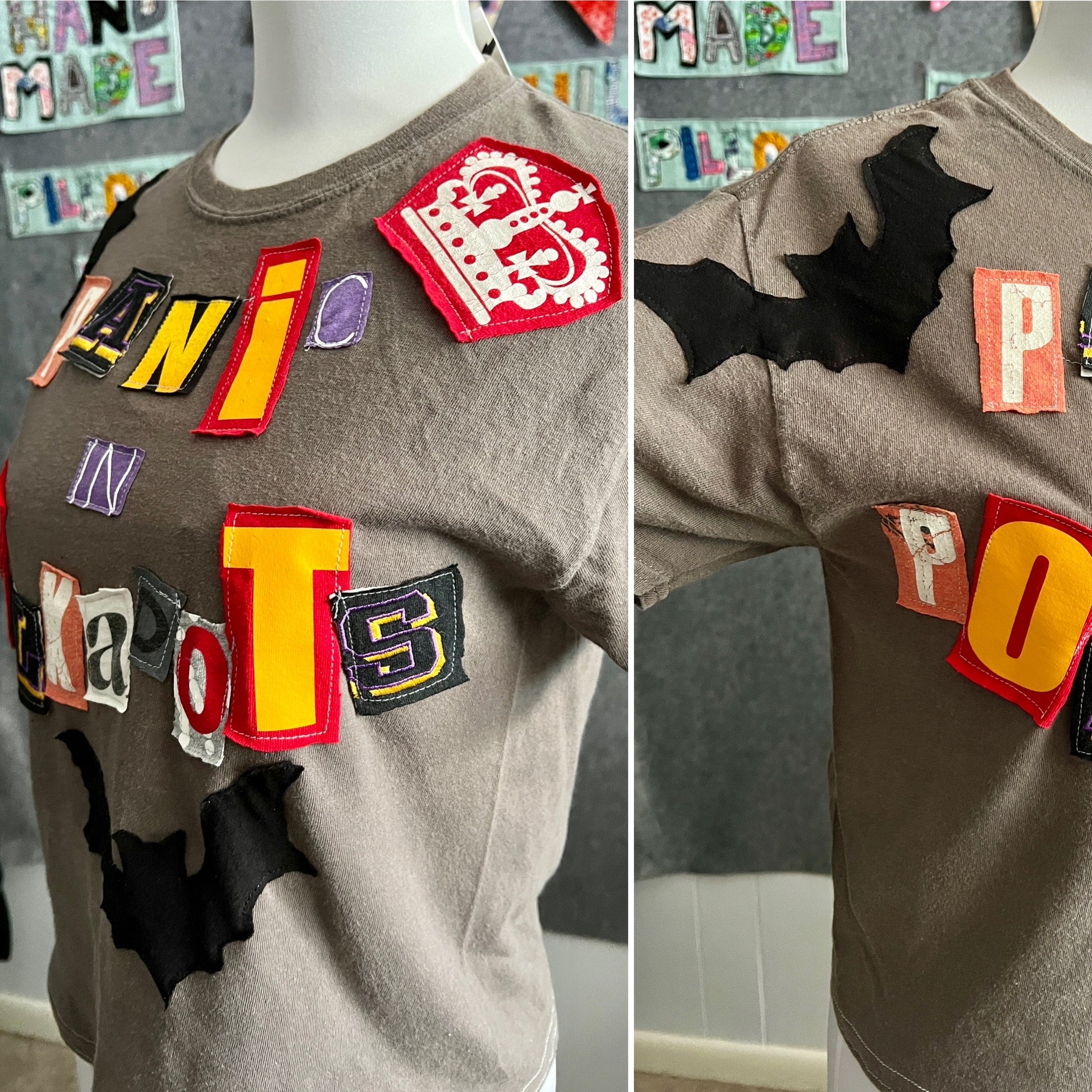 a unique tshirt with various letters reading "Panic in Polkadots" photo grid showing front and side views 