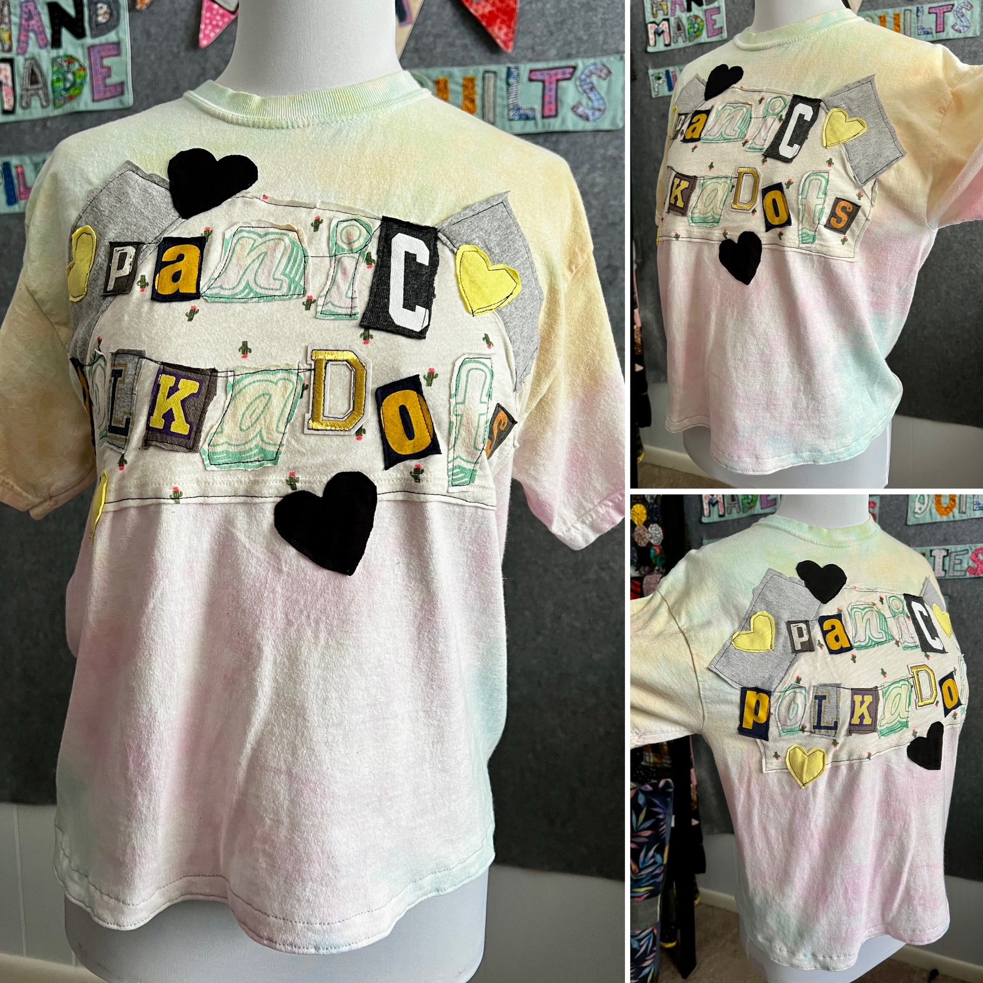 a unique tshirt with various letters reading "Panic in Polkadots" photo grid showing front and side views 