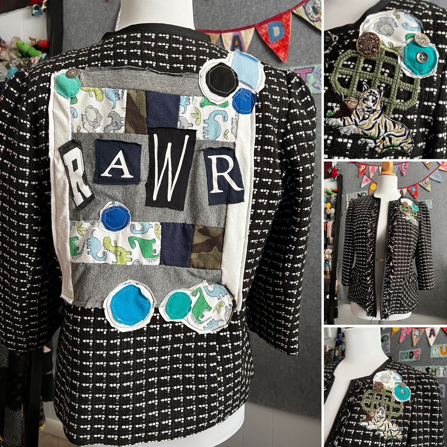 Black textured jacket with colorful patches on a mannequin, surrounded by smaller images of the jacket.