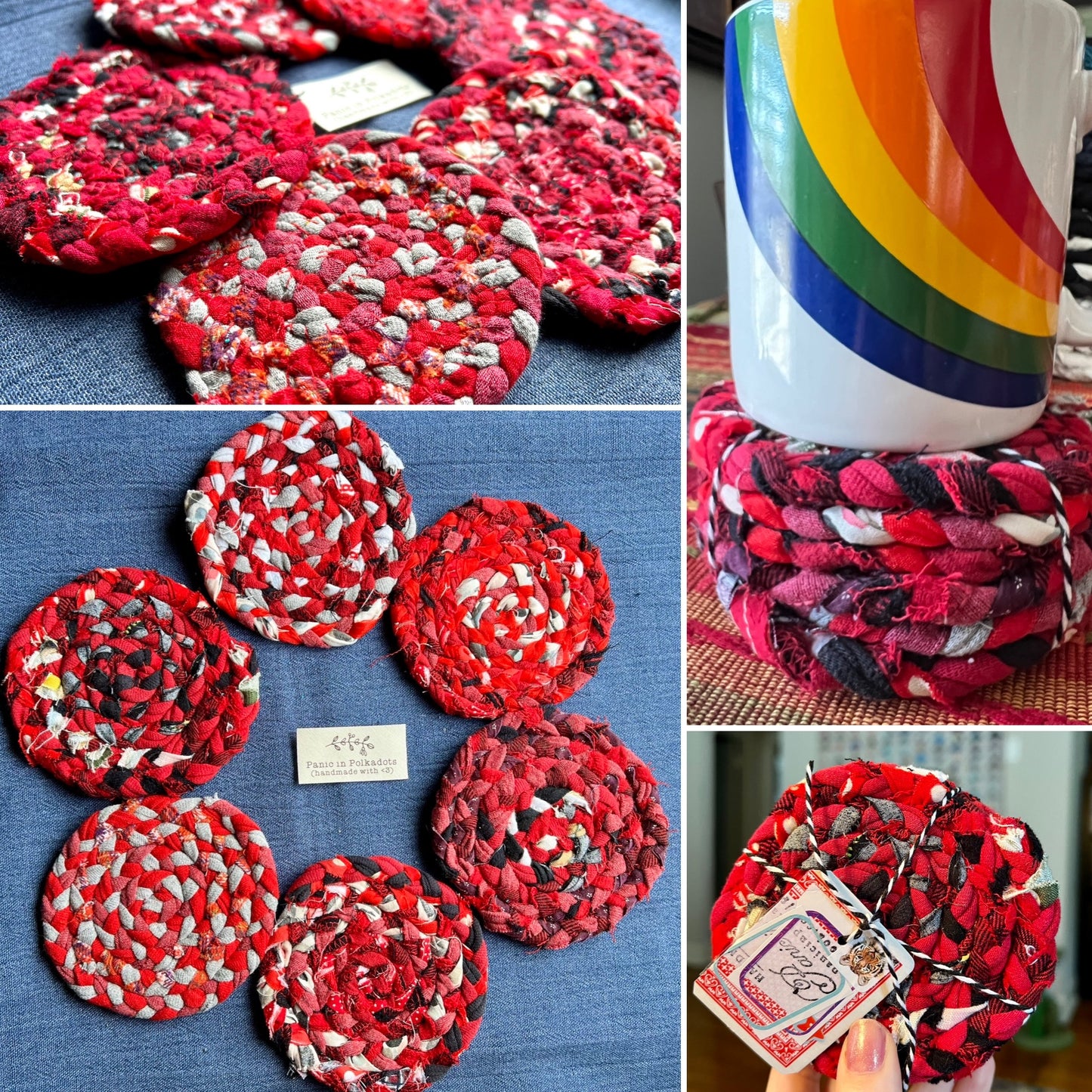 Hand braided and Handsewn coasters, set of six, in a photo grid which shows front, zoom detail back, under a mug, and held up for scale