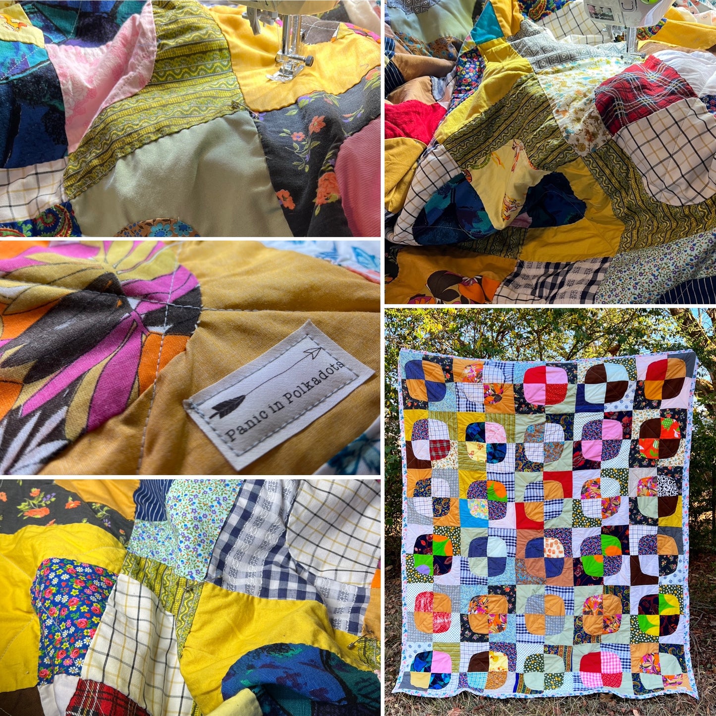 Collage of various photos of a vintage quilt with different patterns and colors, featuring a label in one of the images.