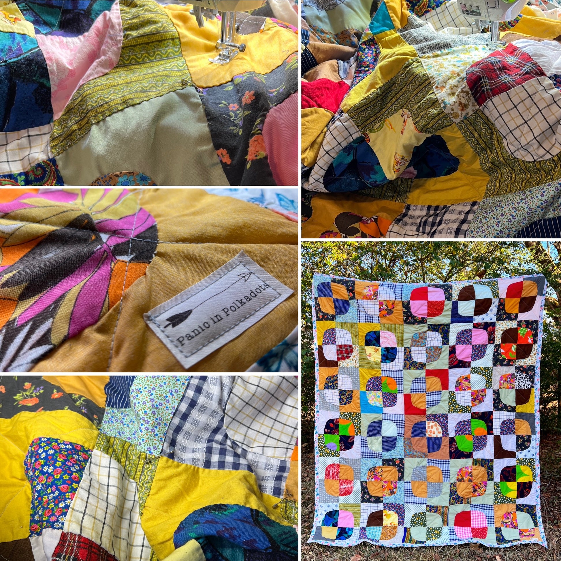 Collage of various photos of a vintage quilt with different patterns and colors, featuring a label in one of the images.