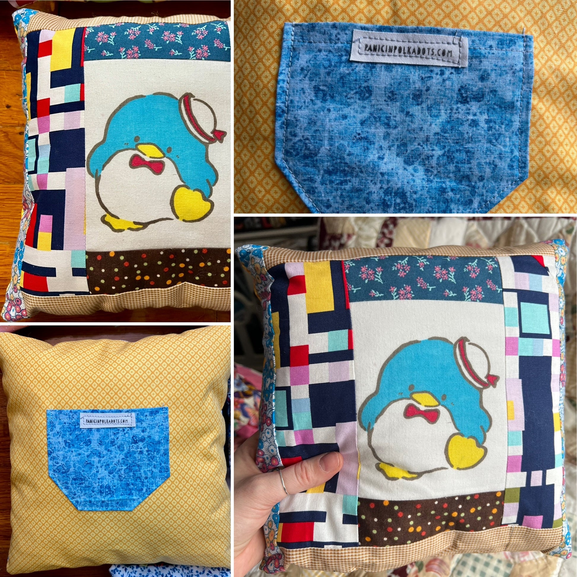 Collage of fabric pieces with a penguin design and colorful patterns on a pillow