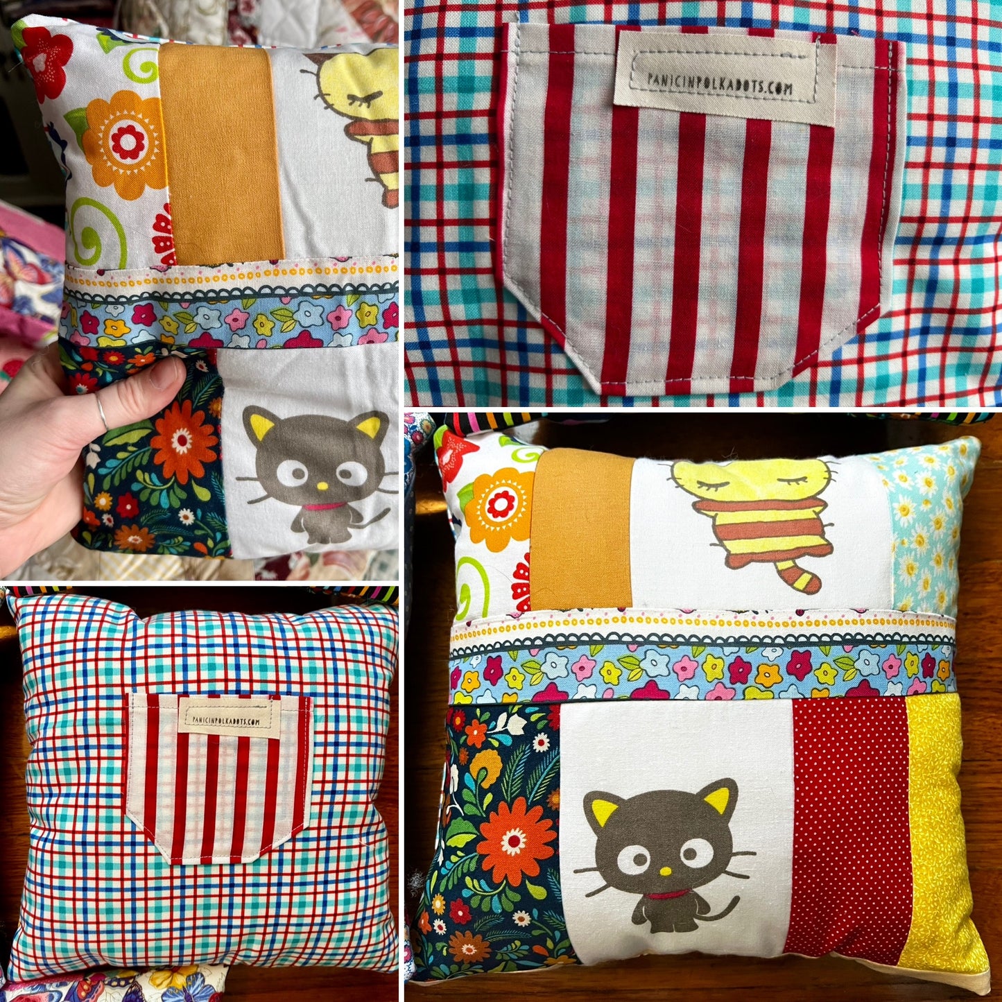 Collage of colorful fabric pillows with various patterns and a visible brand label.