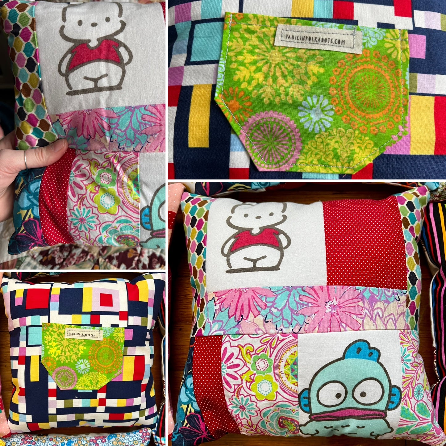 Collage of colorful fabrics with cartoon designs on a tooth fairy pillow.