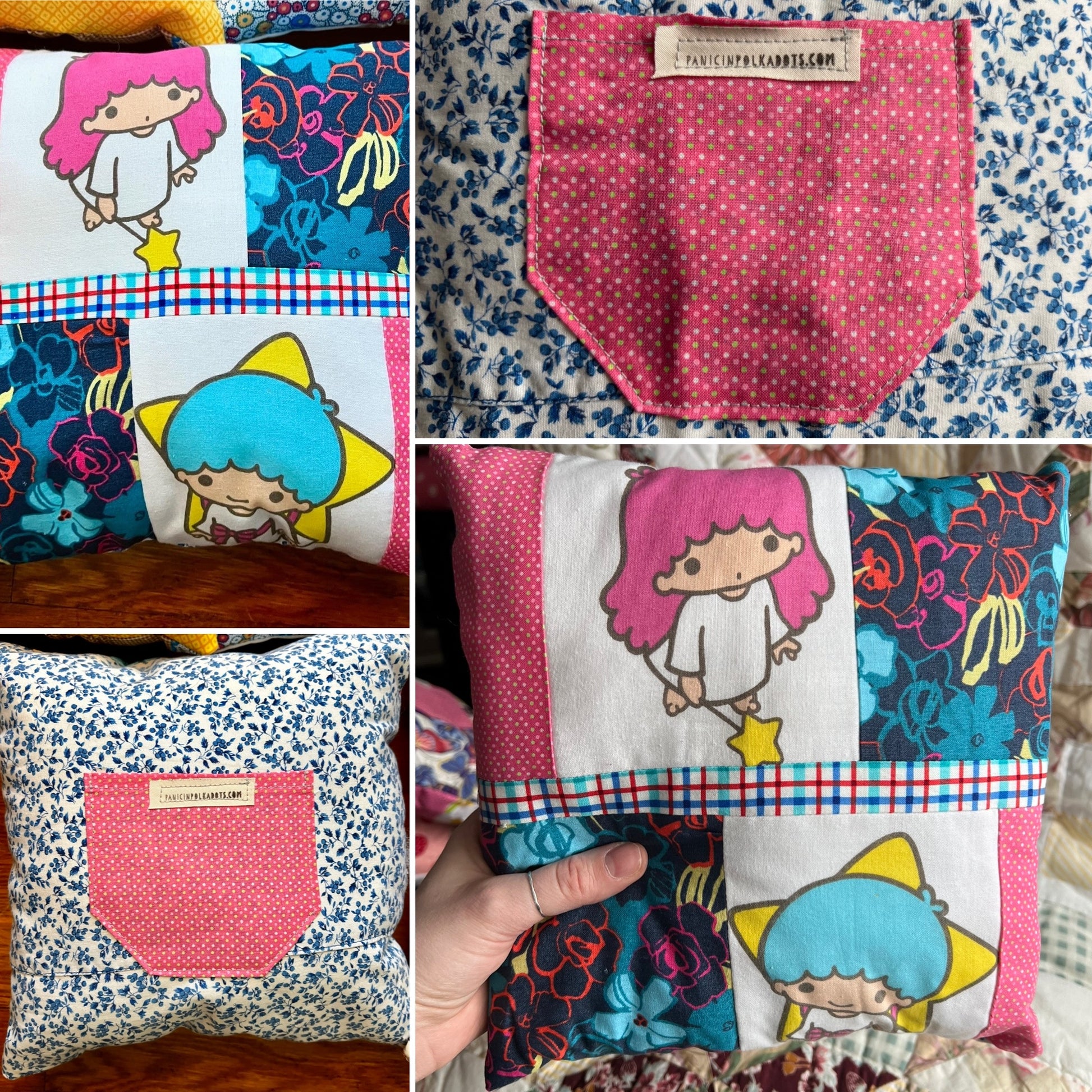 Collage of fabric pouches with cartoon character design and floral patterns.
