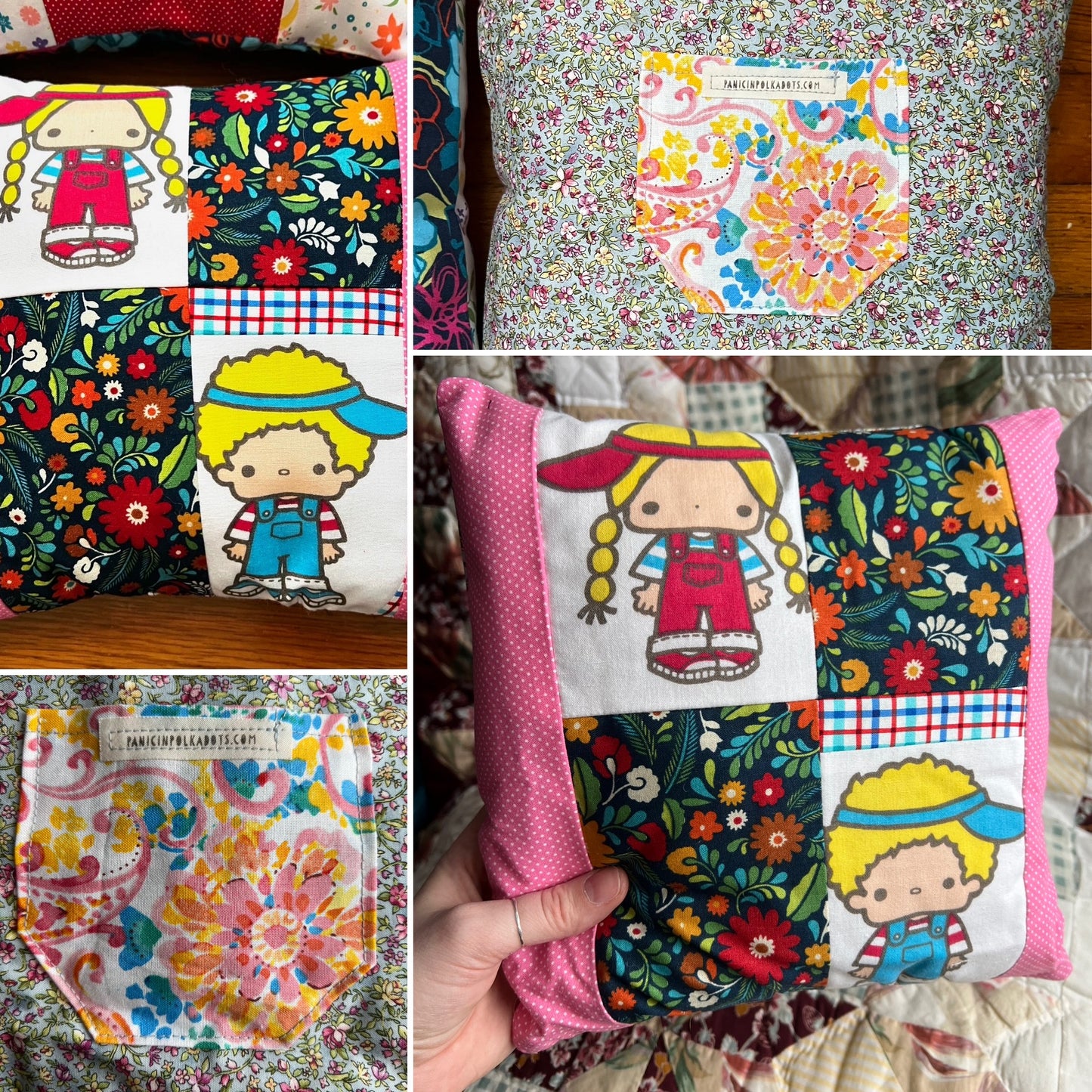 Collage of colorful fabric patches with cartoon characters and floral patterns.