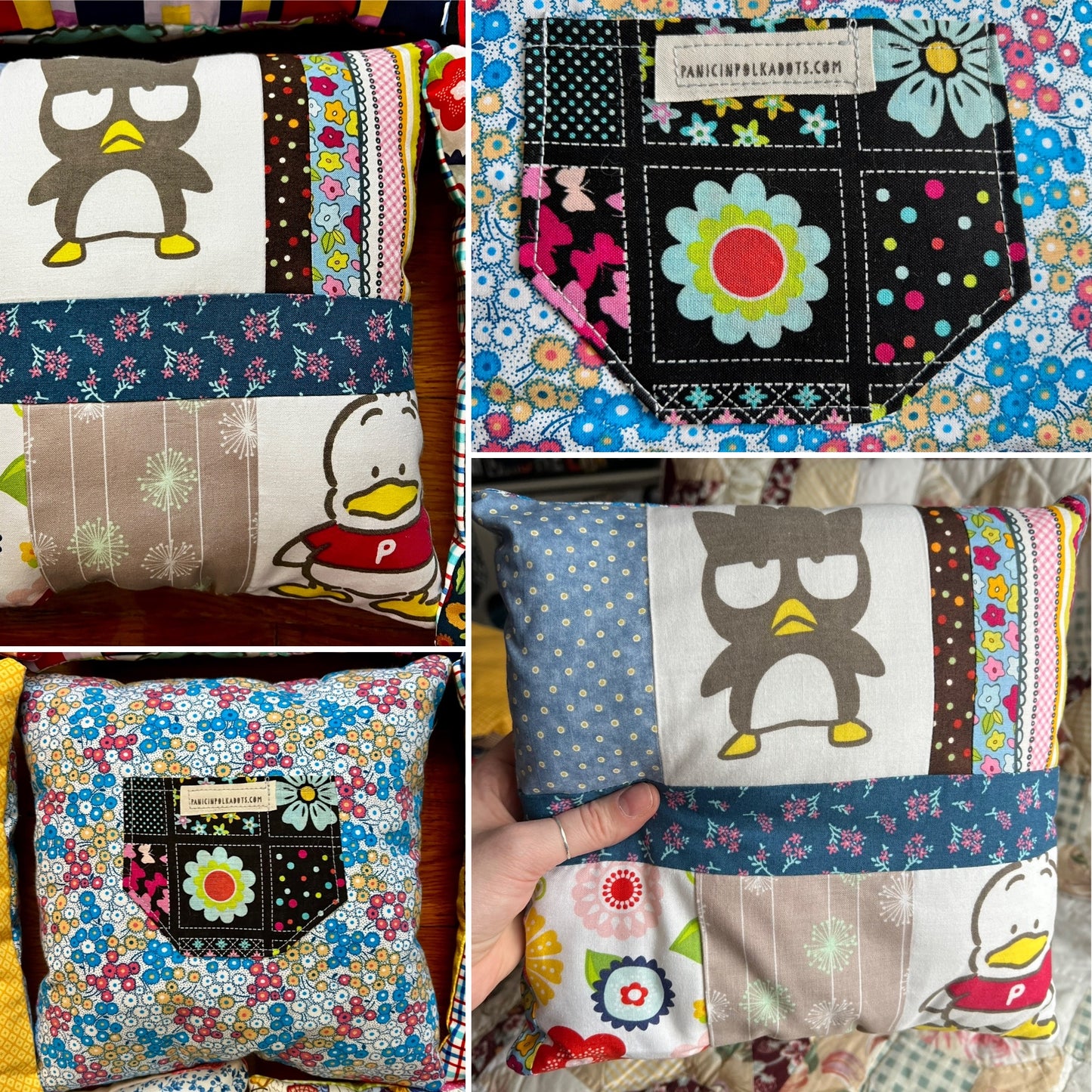 Collage of patchwork pillows with cartoon characters and colorful patterns.