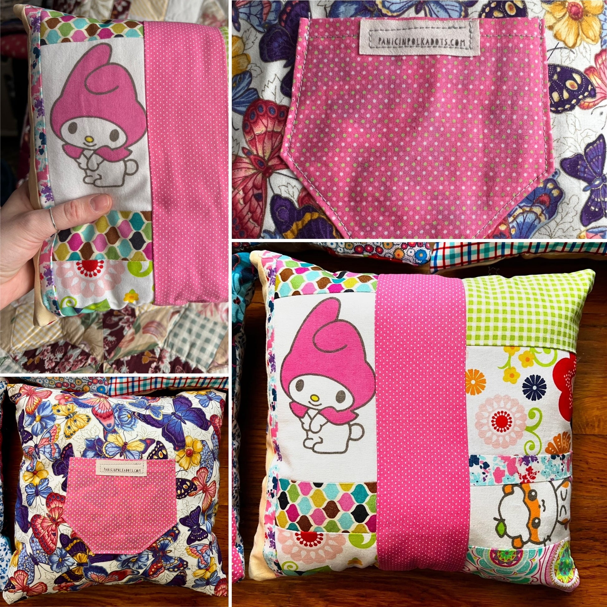 Collage of colorful fabrics with cartoon character design on a tooth fairy pillow