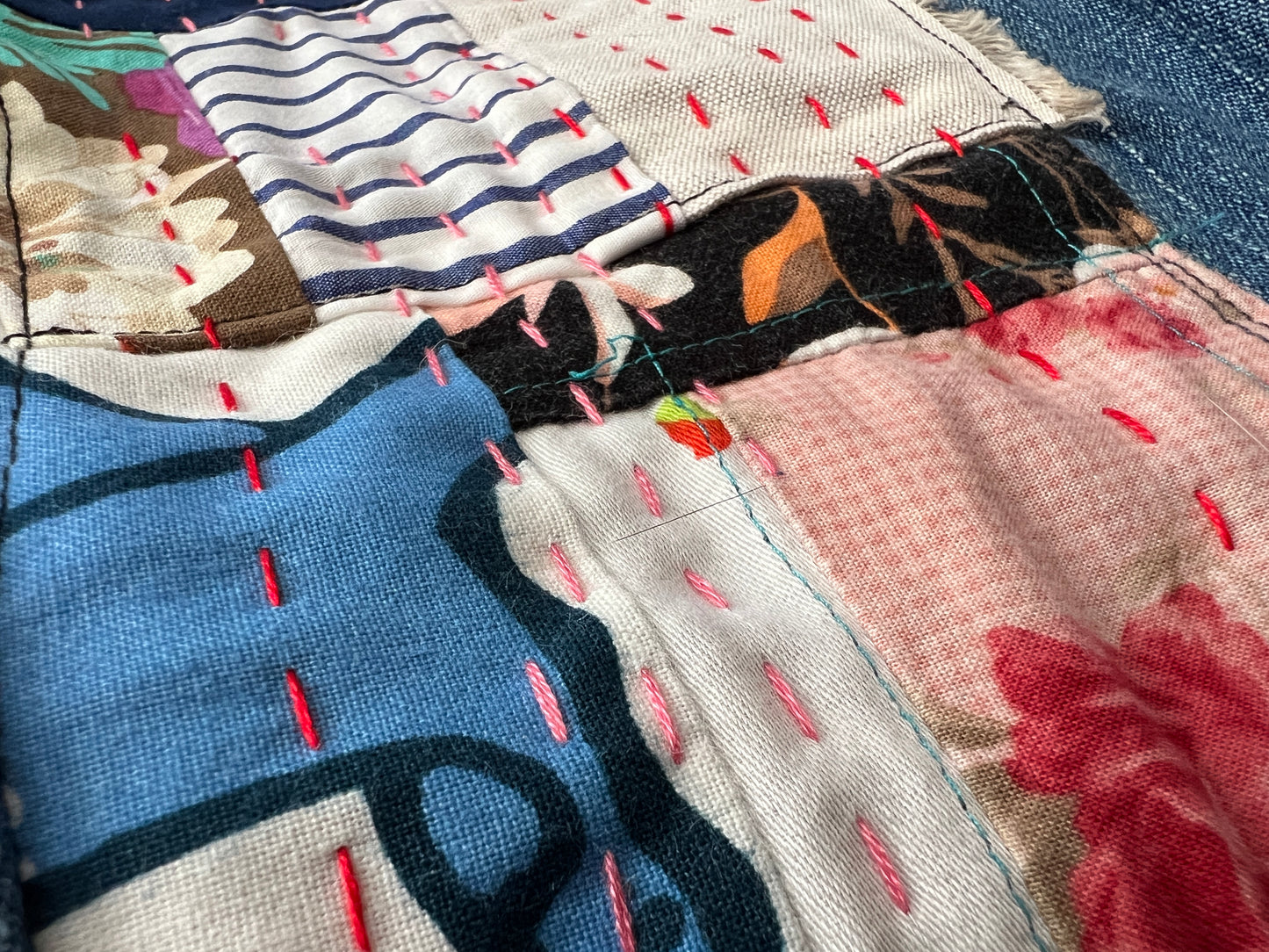 Close-up of a patchwork design with various fabrics and stitches.