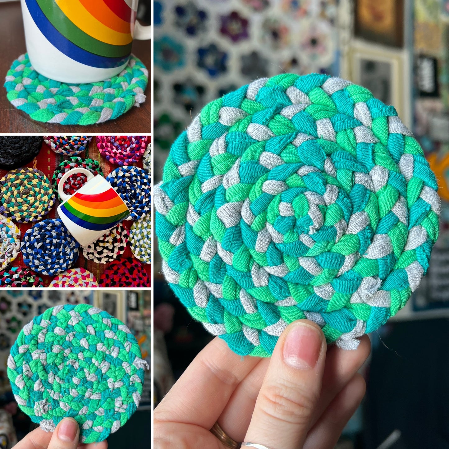 Collage of green braided coasters with a rainbow mug, held by a hand.
