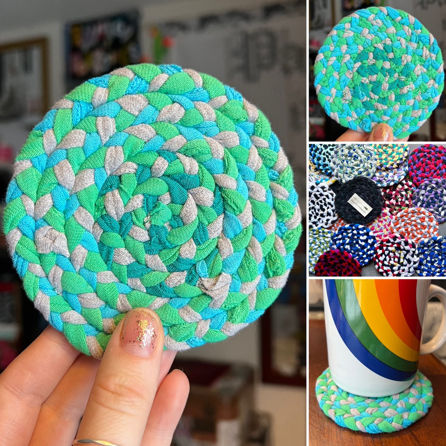 Colorful braided coaster held by a hand, with additional coasters and a mug in the background.
