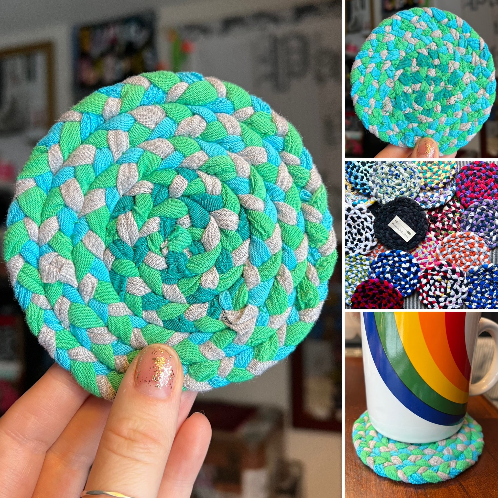 Colorful braided coaster held by a hand, with additional coasters and a mug in the background.
