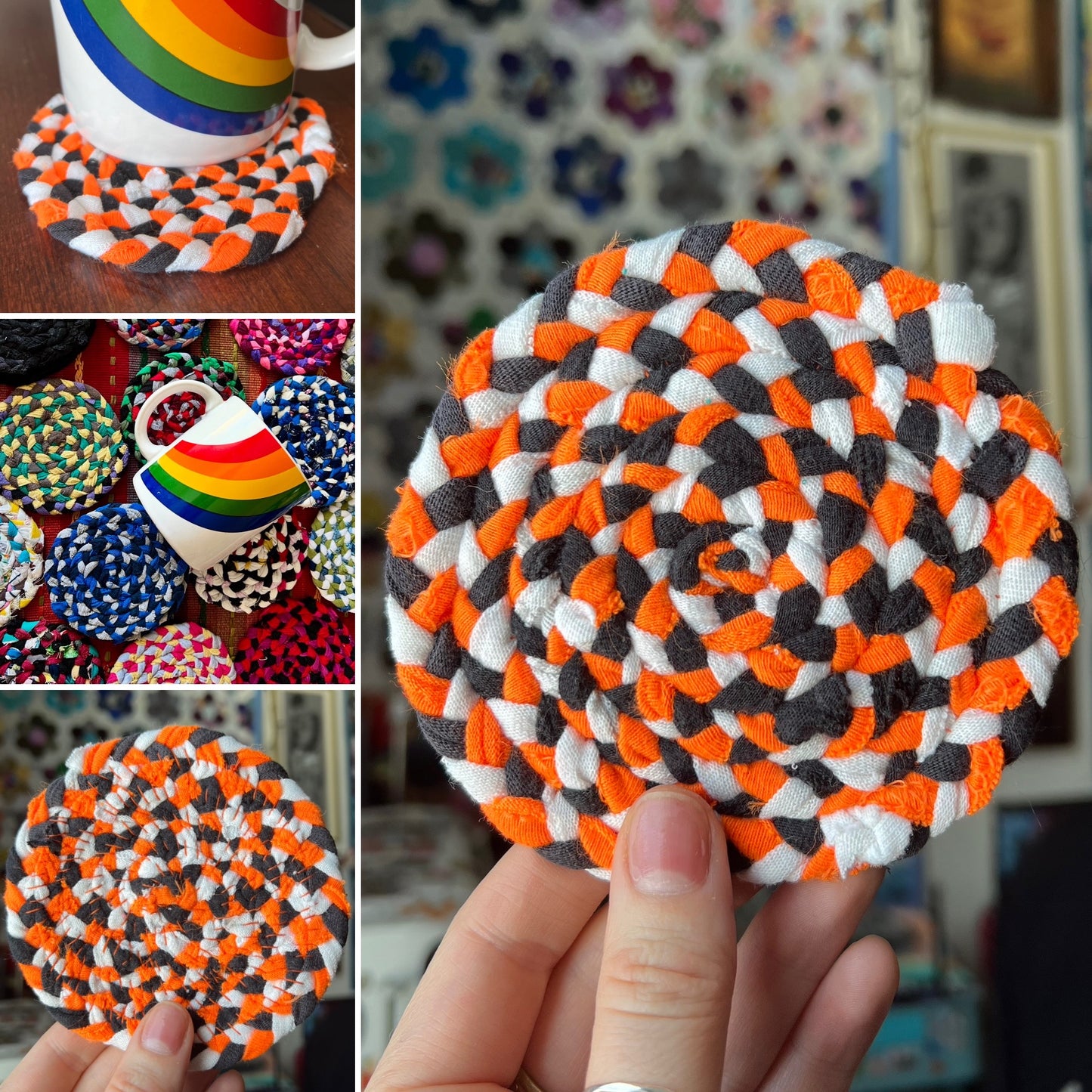 Collage of braided coasters in various colors and patterns.