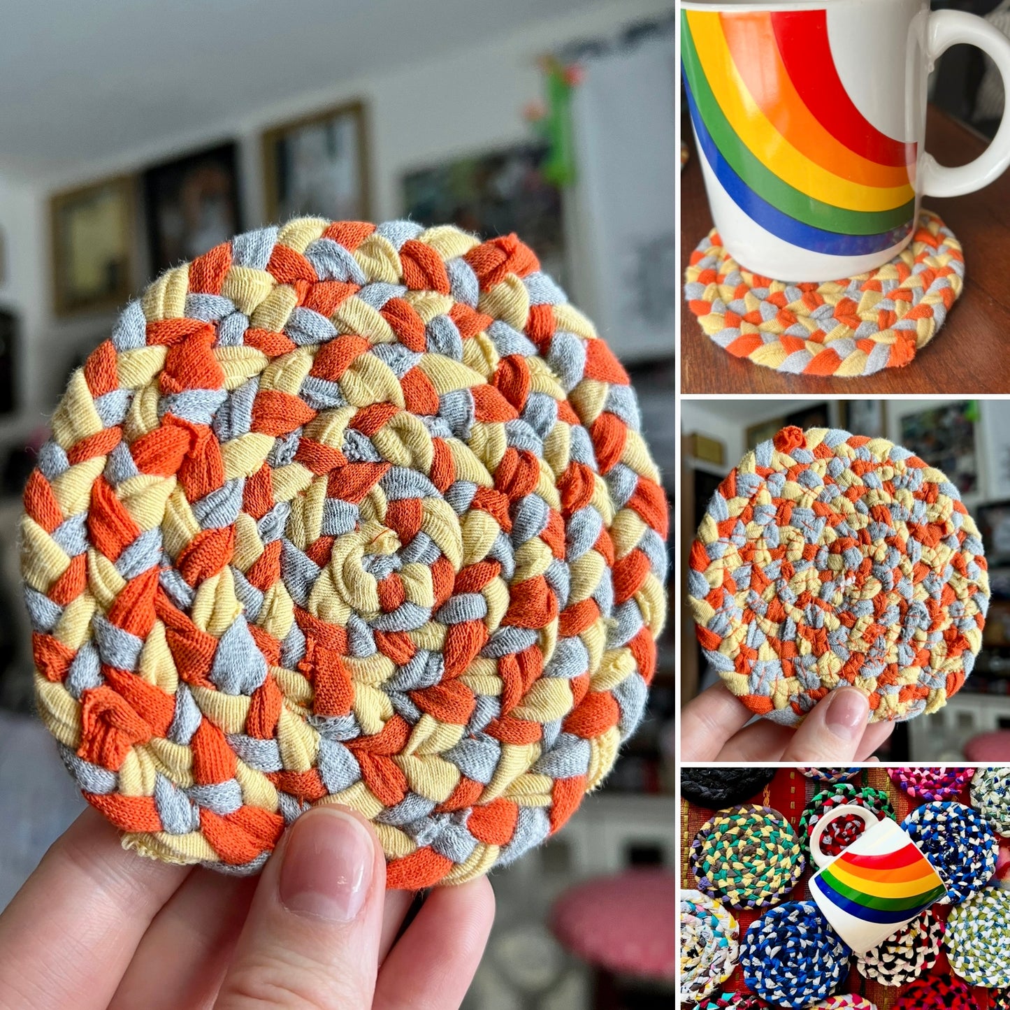 Photo grid of a braided coaster set, showing front and back, with a rainbow mug and bundled with a brand label.