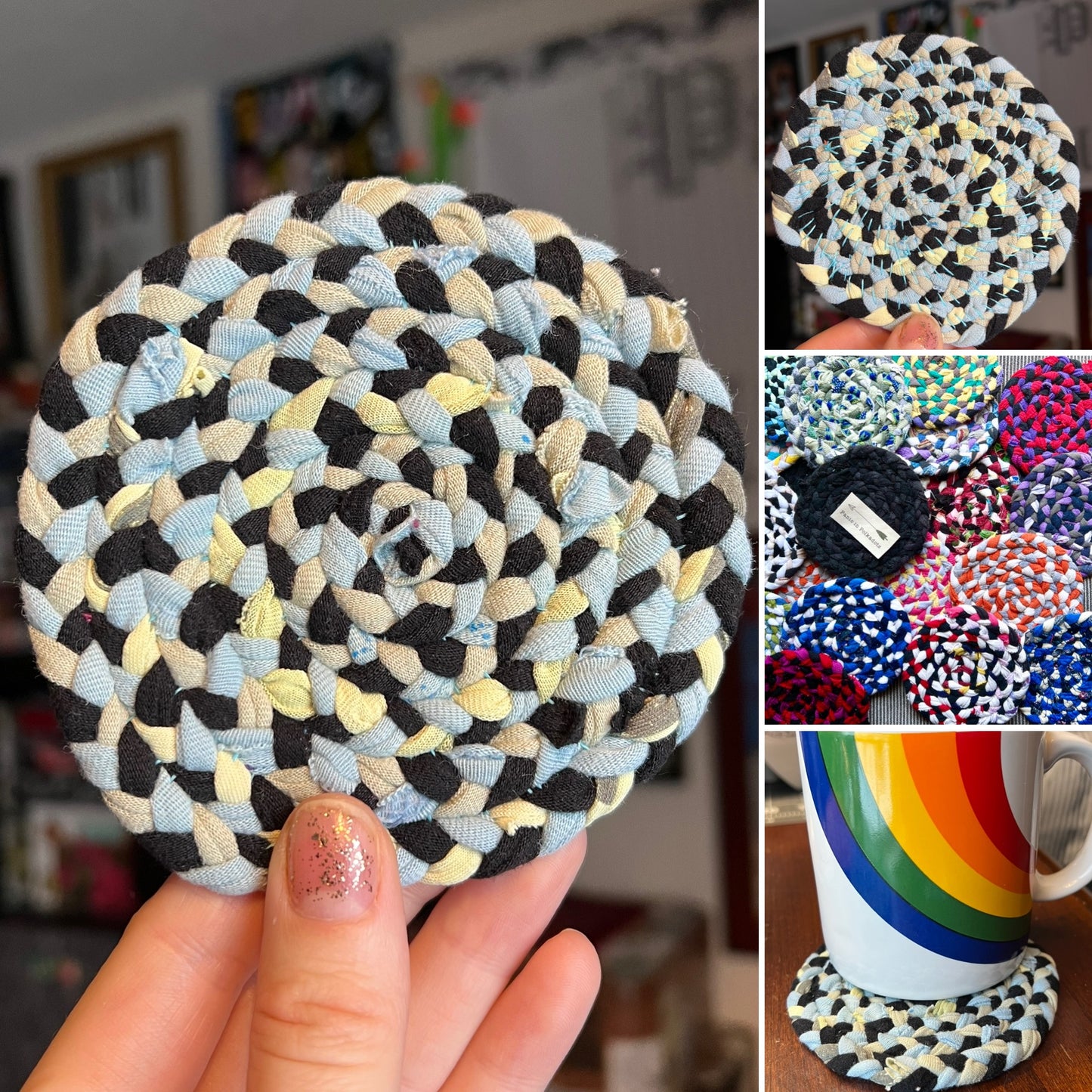 Colorful braided coaster held by a hand with additional images of similar coasters, and a view of the back of the coaster