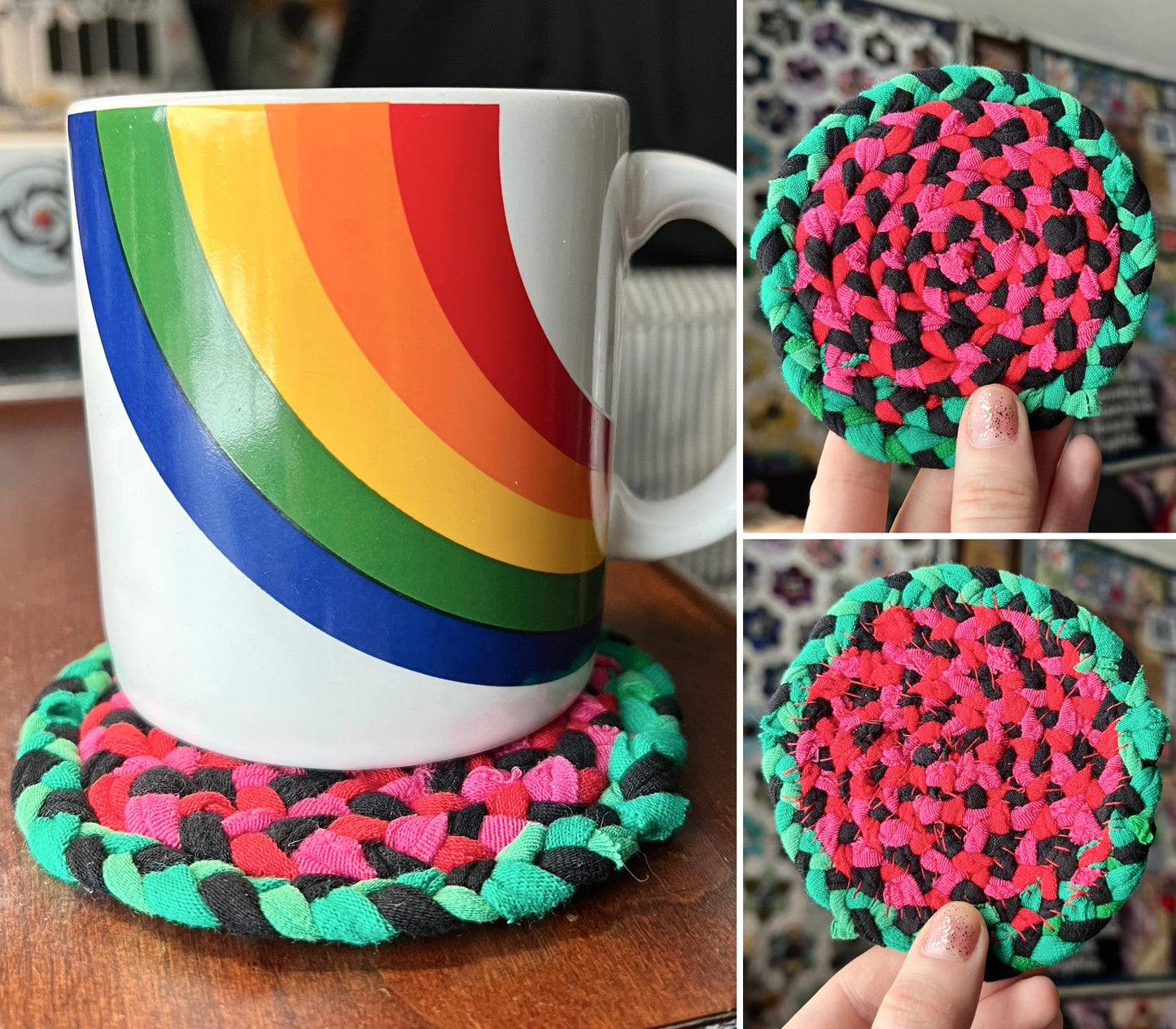 Collage of pictures of a single braided coaster in a watermelon pattern, showing front back closeup and side views, as well as under a mug.