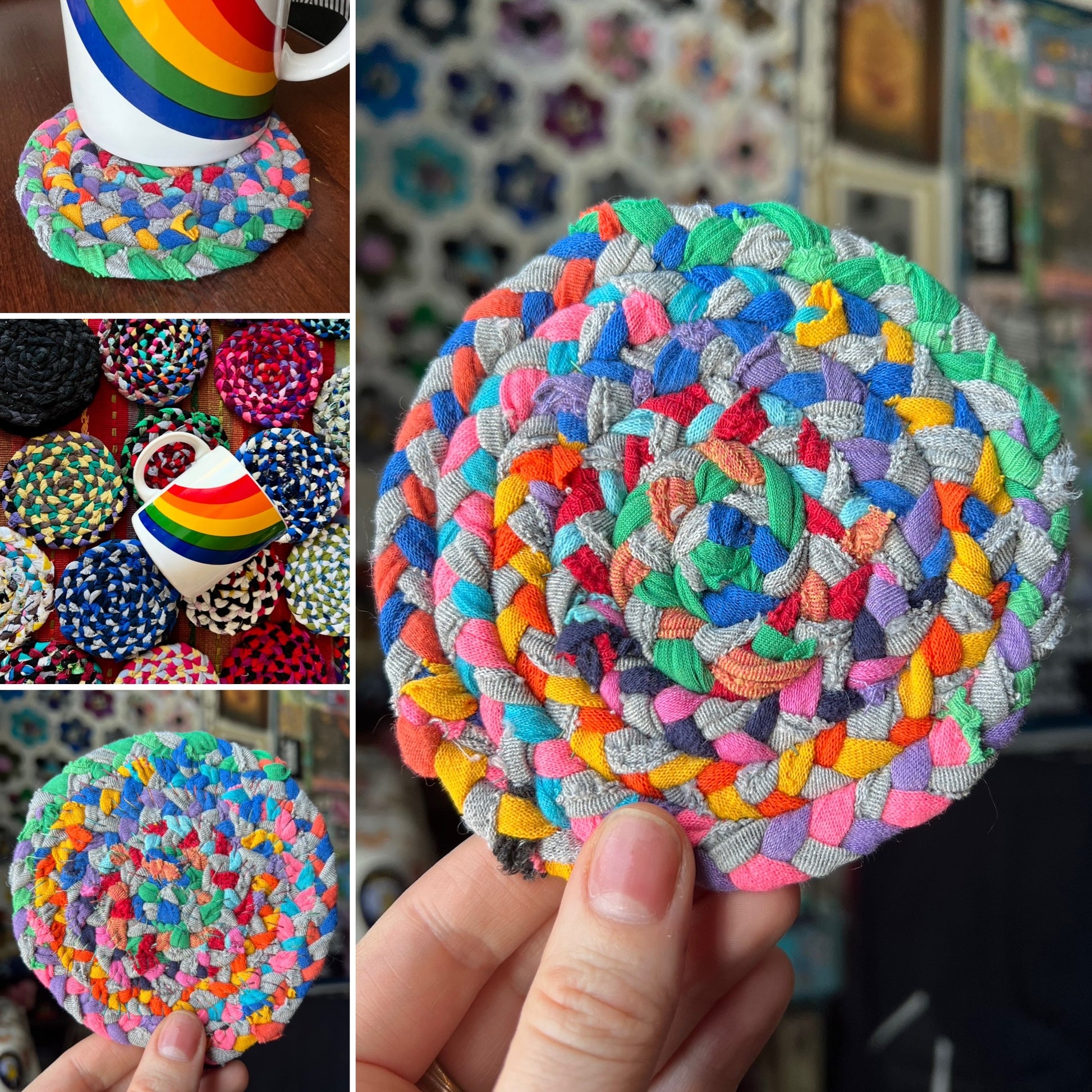Colorful braided coasters with a hand holding one, placed on a blurred background.