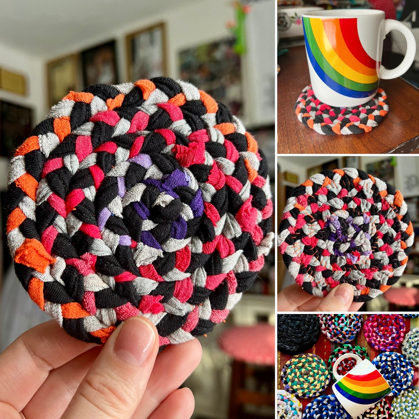 Photo grid of a braided coaster set, showing front and back, with a rainbow mug and bundled with a brand label.