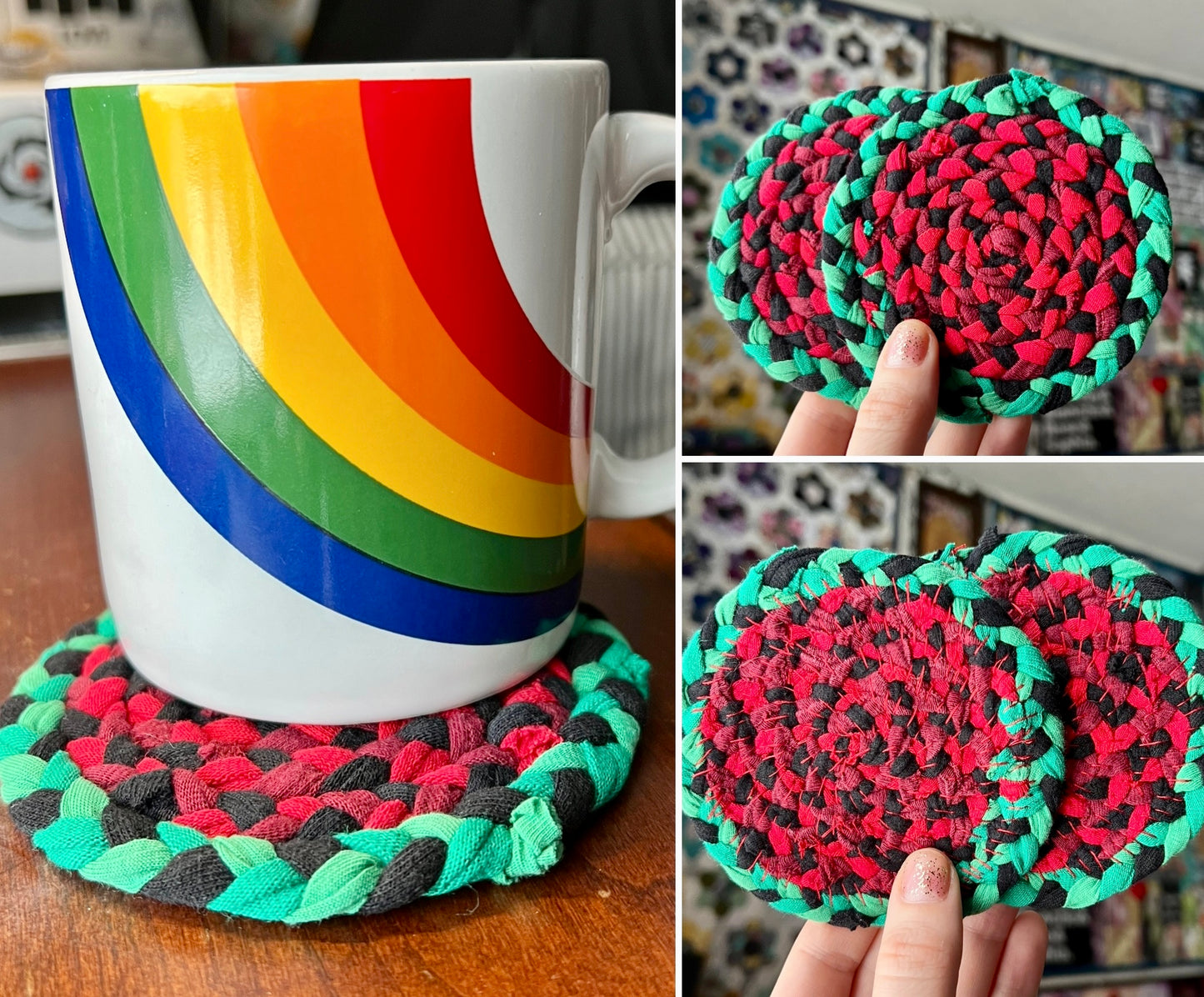 Collage of pictures of a single braided coaster in a watermelon pattern, showing front back closeup and side views, as well as under a mug.