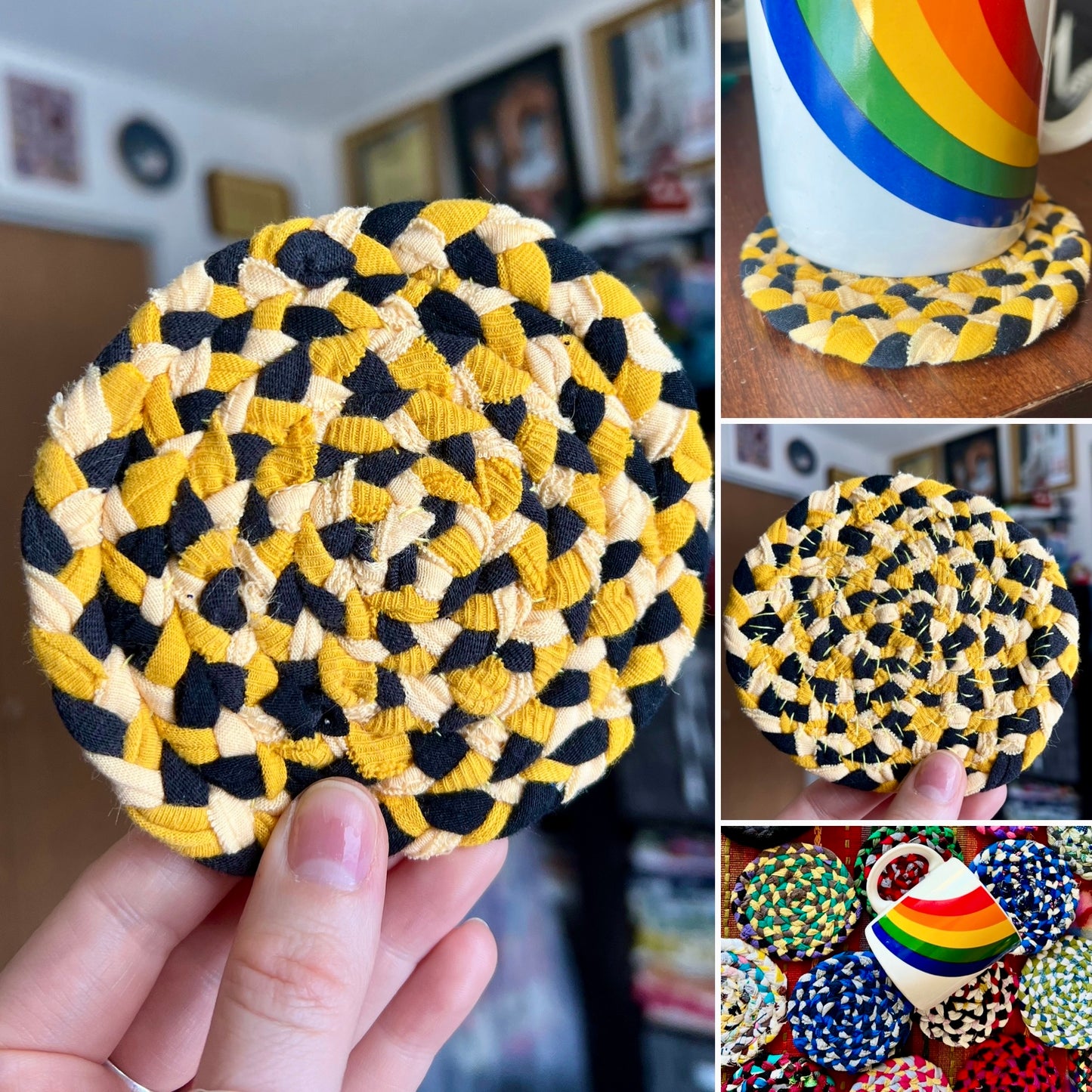 Yellow and black braided coaster held by a hand, with additional coasters and a mug in the background.