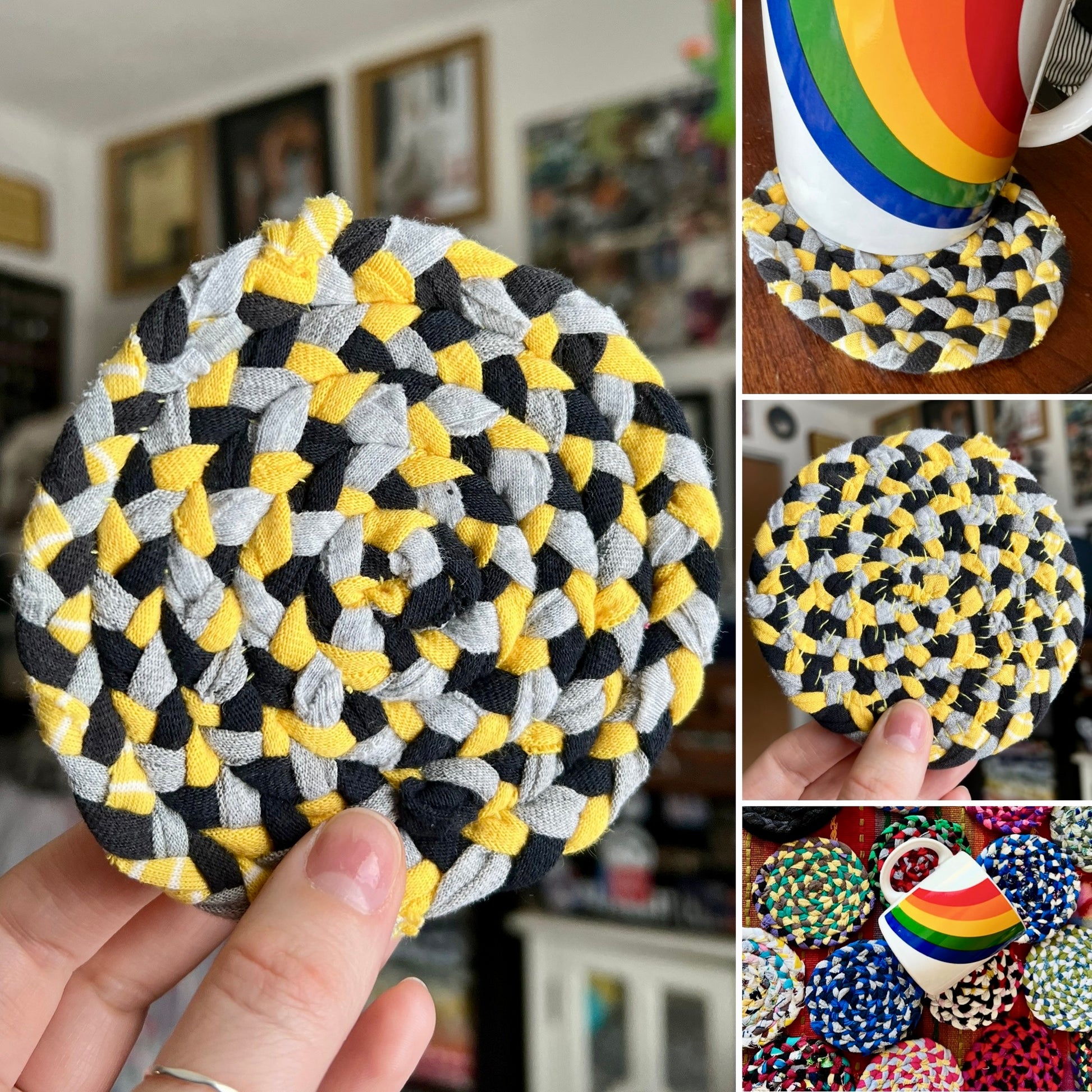 Various views of a braided coaster, front and back, under a mug for scale.