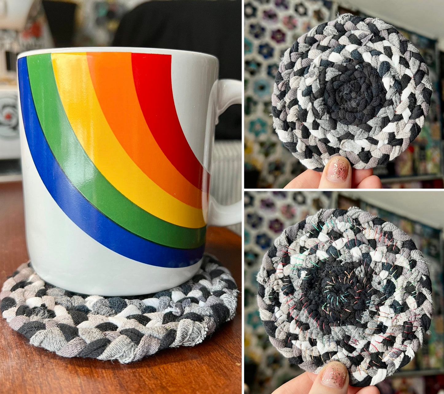 Collage of a rainbow mug with a woven coaster and close-up shots of the coaster.