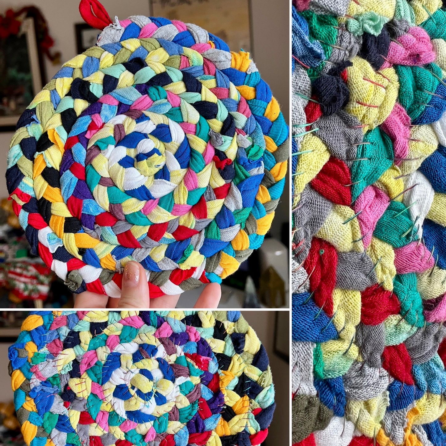 Collage of pics of a colorful braided trivet potholder with close-up details and front and back view.