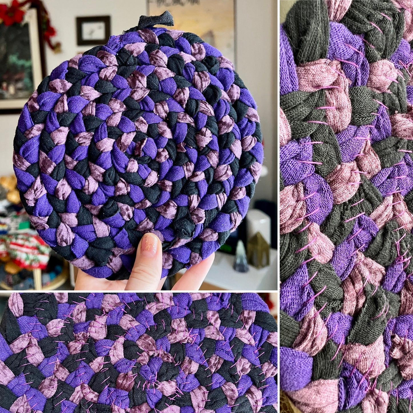 Round braided trivet with purple and pink pattern held by a hand, surrounded by close-up views of the trivet.