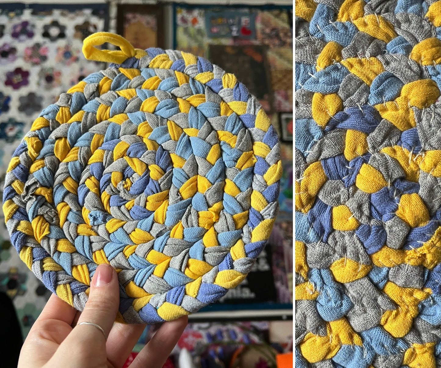 Round woven trivet with blue and yellow pattern held by a hand, with close-up of texture on a blurred background.