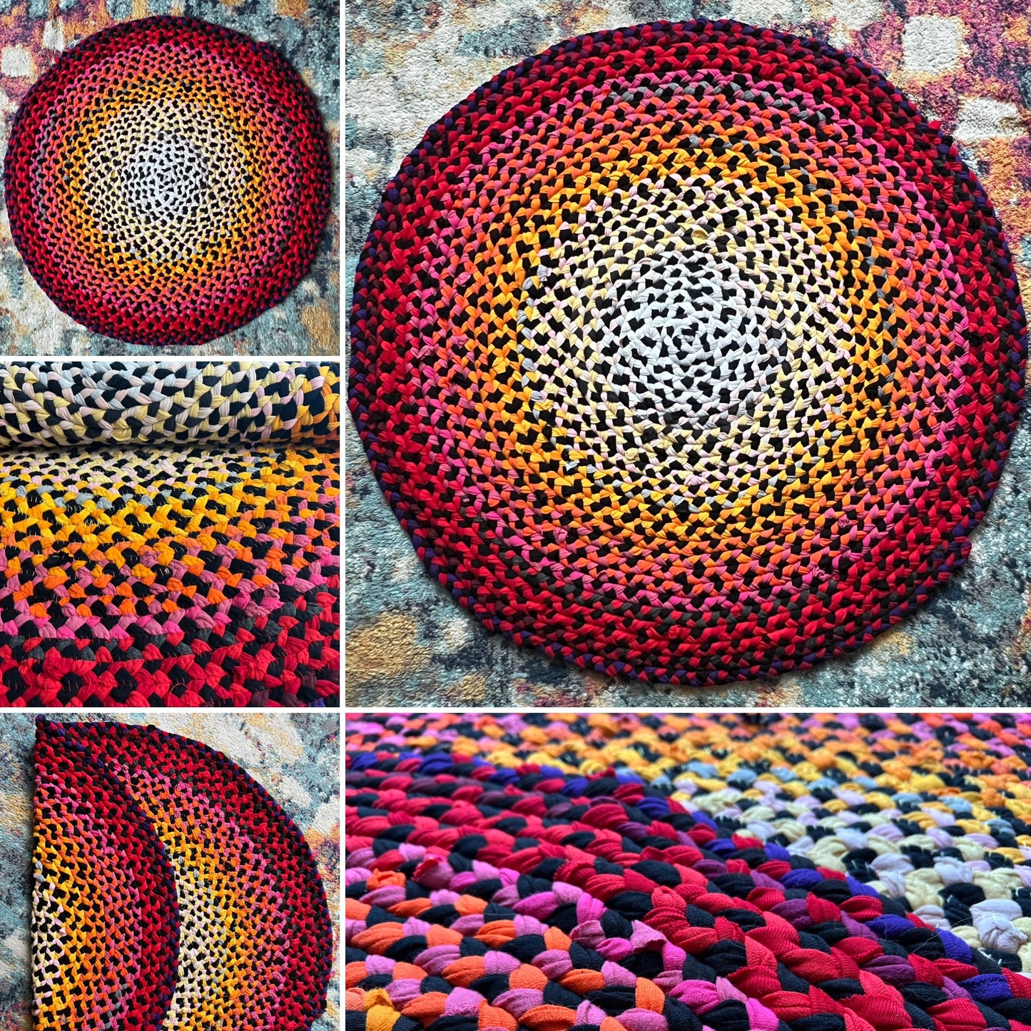 Collage of pictures of a round braided rug with sunset ombre pattern on a textured surface. Showing aerial views and closeups.
