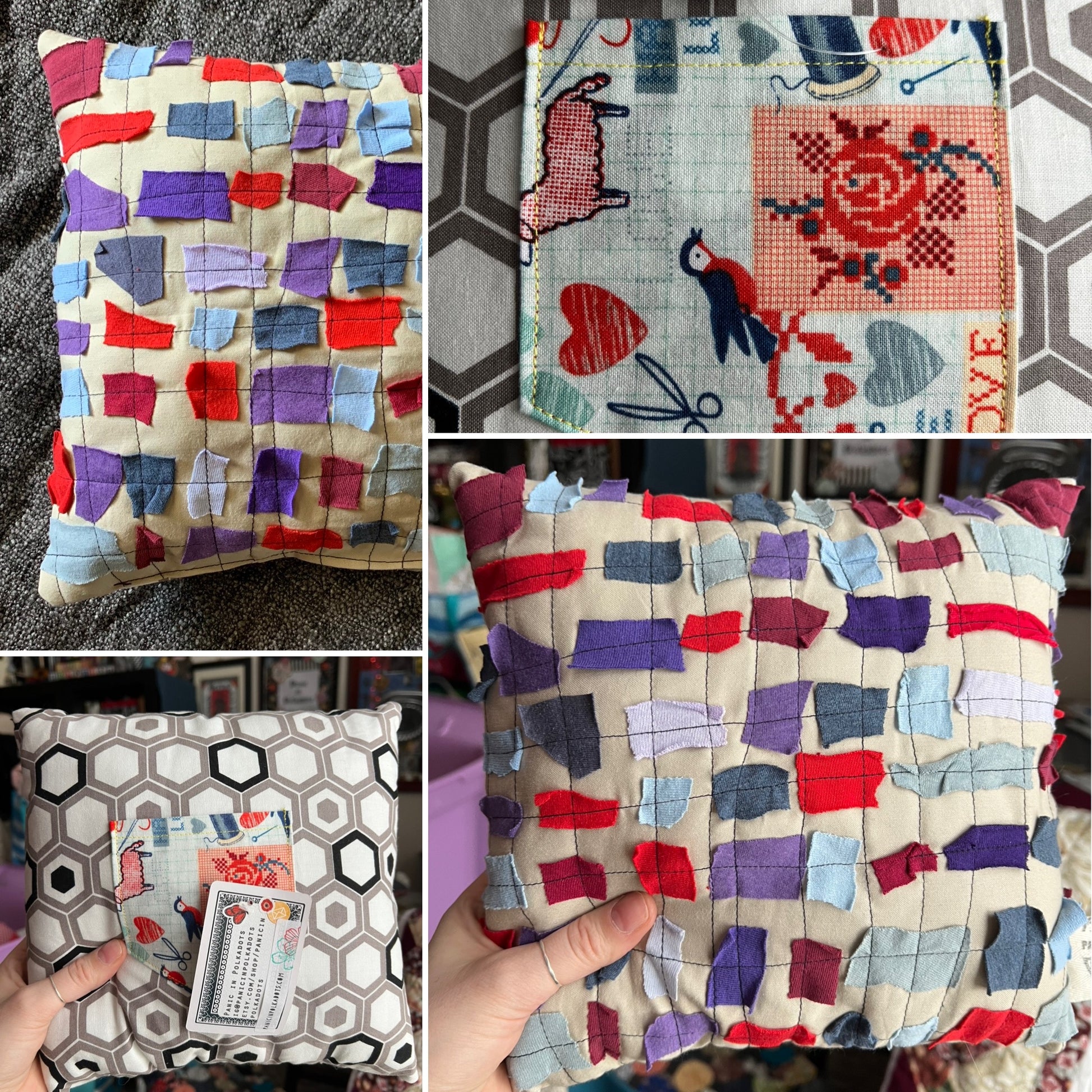 A four-panel collage showing handmade quilted throw pillows. The top-left panel shows a cream pillow with colorful stitched rectangular patches.