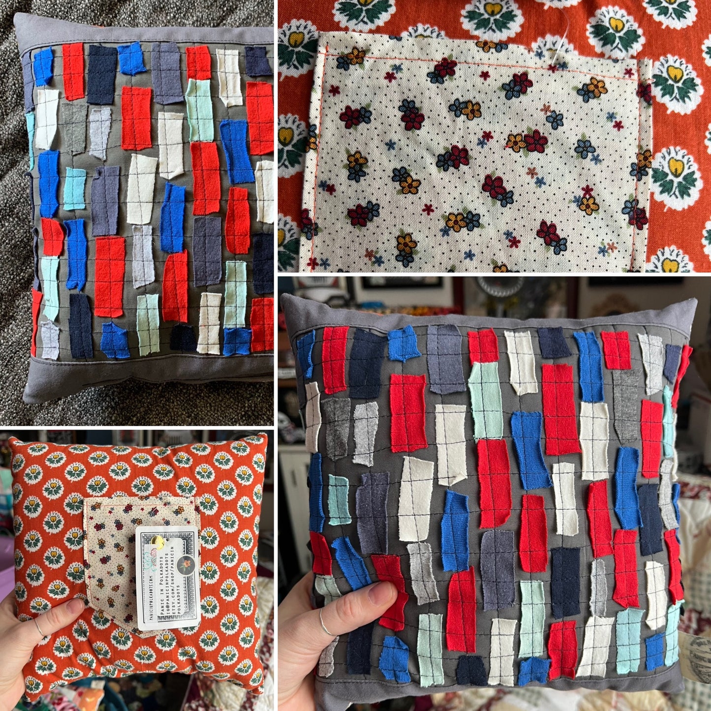 A four-panel collage showing a handmade decorative pillow from multiple angles. The pillow features a gray fabric border and vertical patchwork fabric inserts in red, blue, navy, gray, and light mint.
