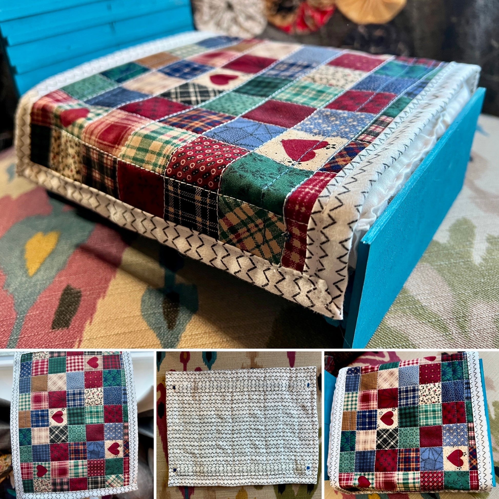 Patchwork quilt on a blue wooden bed with close-up insets showing fabric details.
