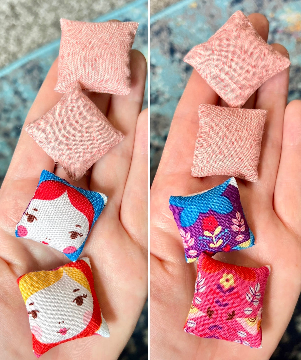 Small square fabric pillows with colorful designs held in a hand.