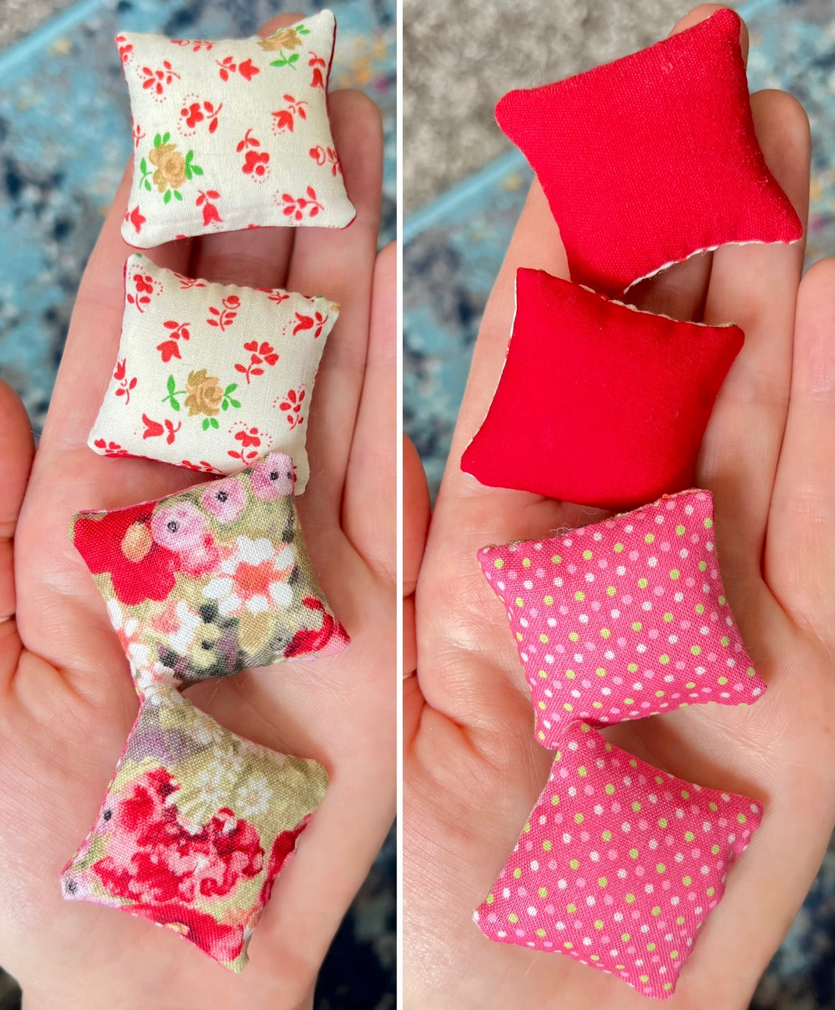 Miniature fabric pillows with floral and polka dot patterns held in hands.