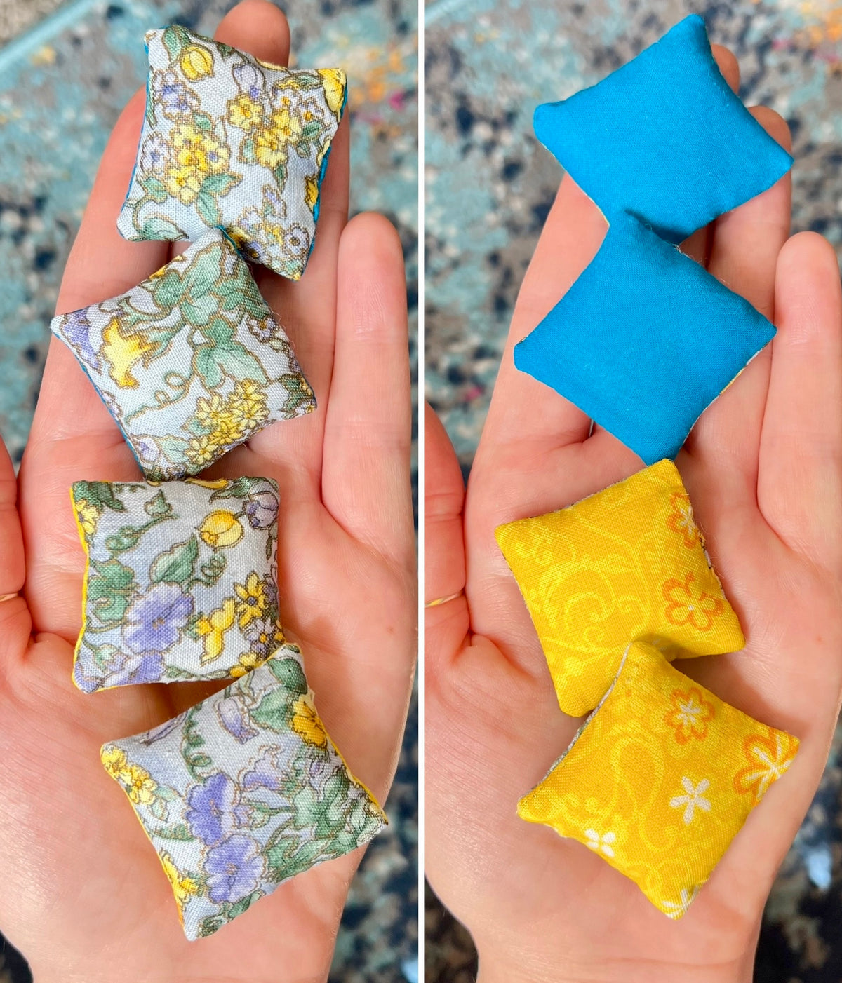 Two sets of small fabric pillows held in hands, one set floral and one set solid colors.