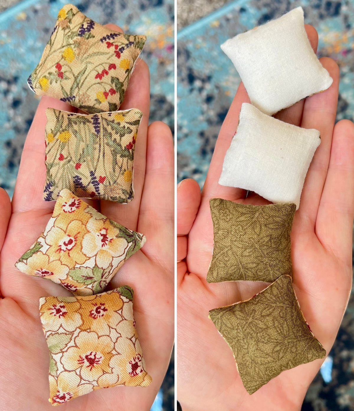 Two sets of small fabric pillows held in hands, one set with floral patterns and the other with plain and patterned designs.