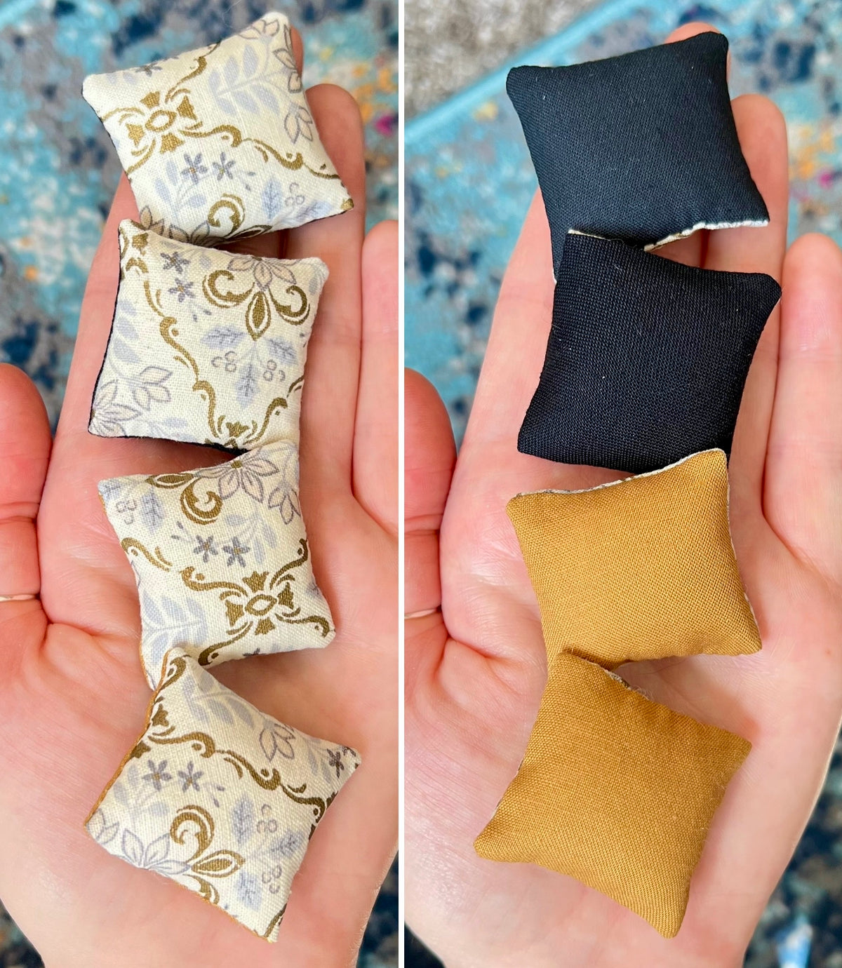 Two sets of small fabric pillows held in hands, one set with floral patterns and the other with solid colors.